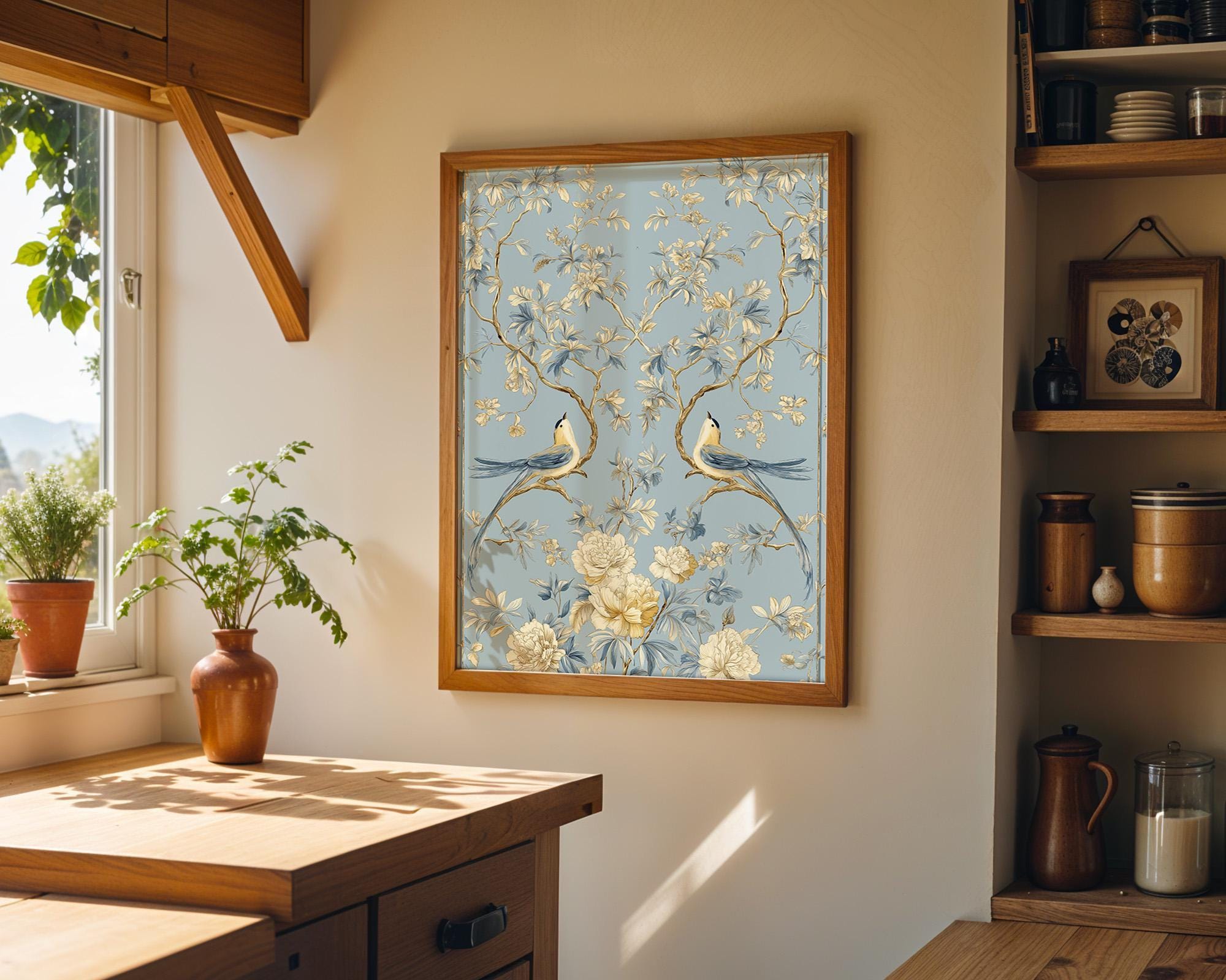 Chinoiserie Bird Blue & Gold Floral Asian Inspired Wall Art by The Wall Art Studio - physical