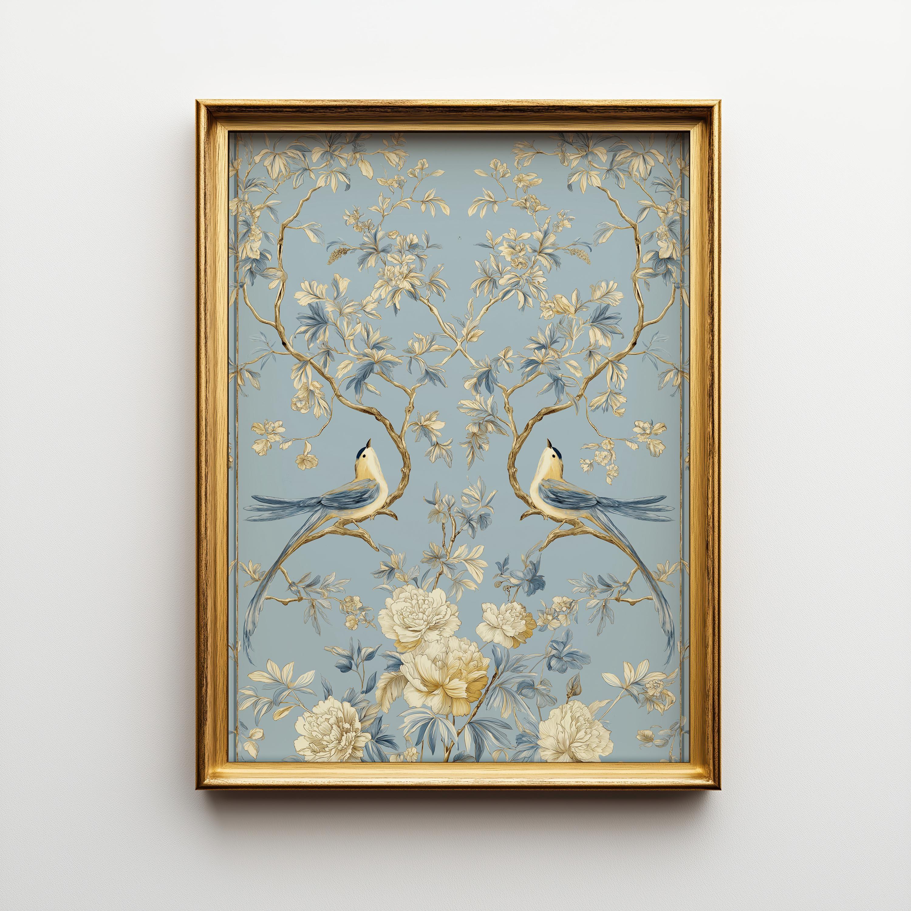 Chinoiserie Bird Blue & Gold Floral Asian Inspired Wall Art by The Wall Art Studio - physical