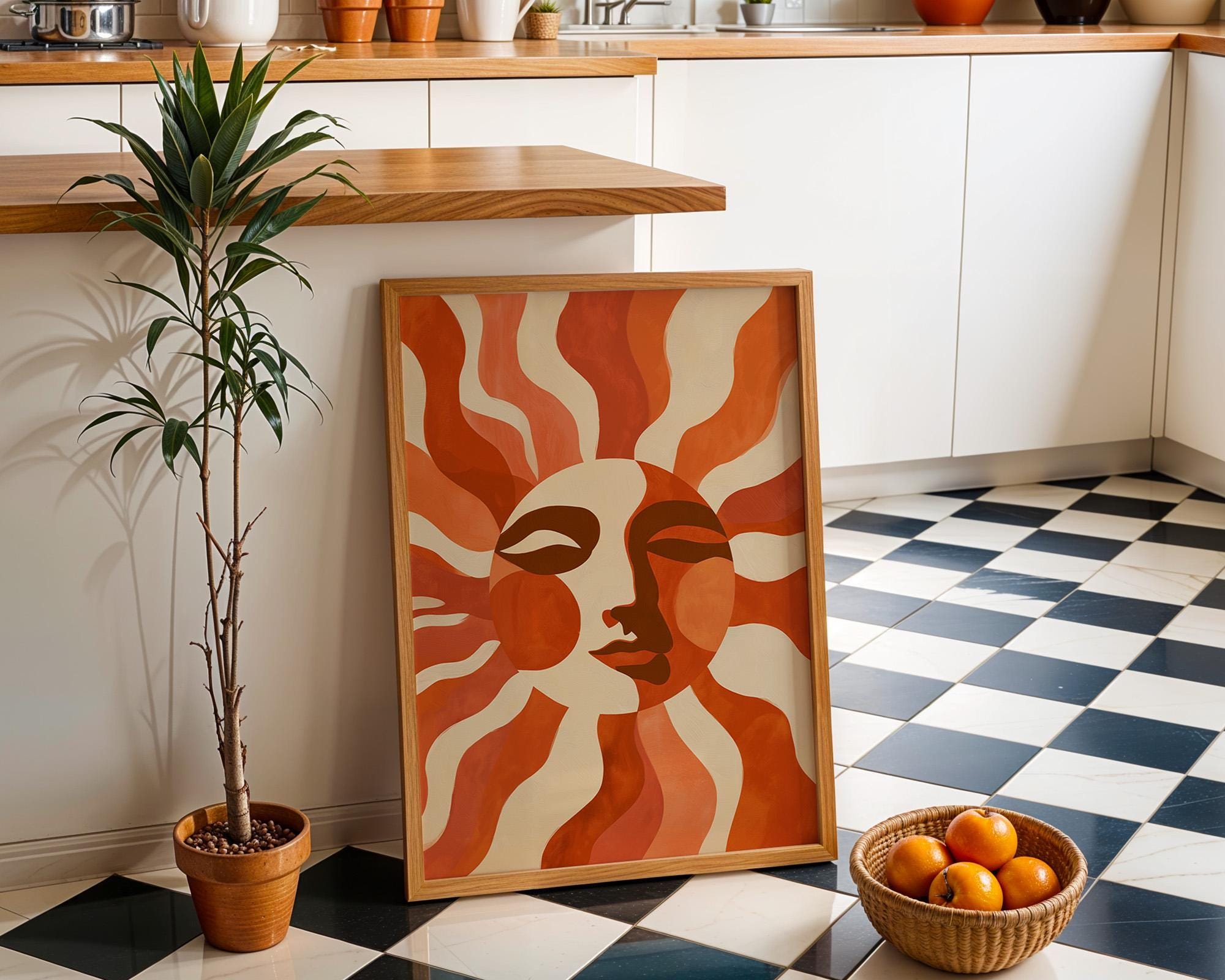Retro Sun Face Boho Celestial Mid Century Modern Wall Art by The Wall Art Studio