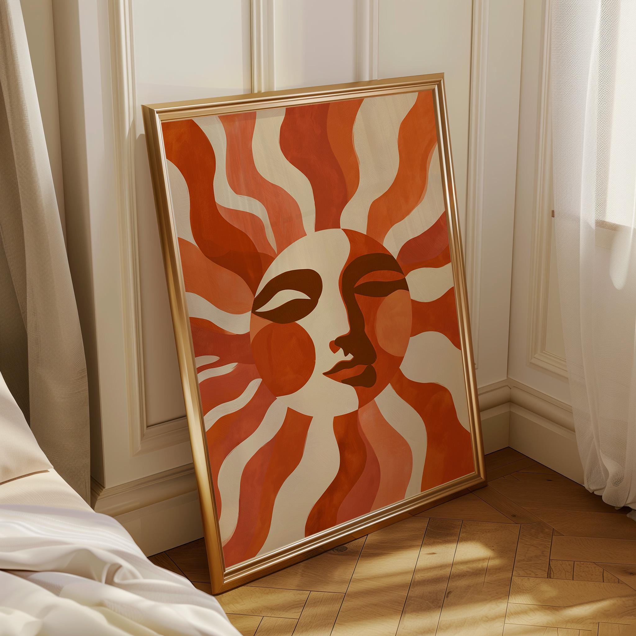 Retro Sun Face Boho Celestial Mid Century Modern Wall Art by The Wall Art Studio
