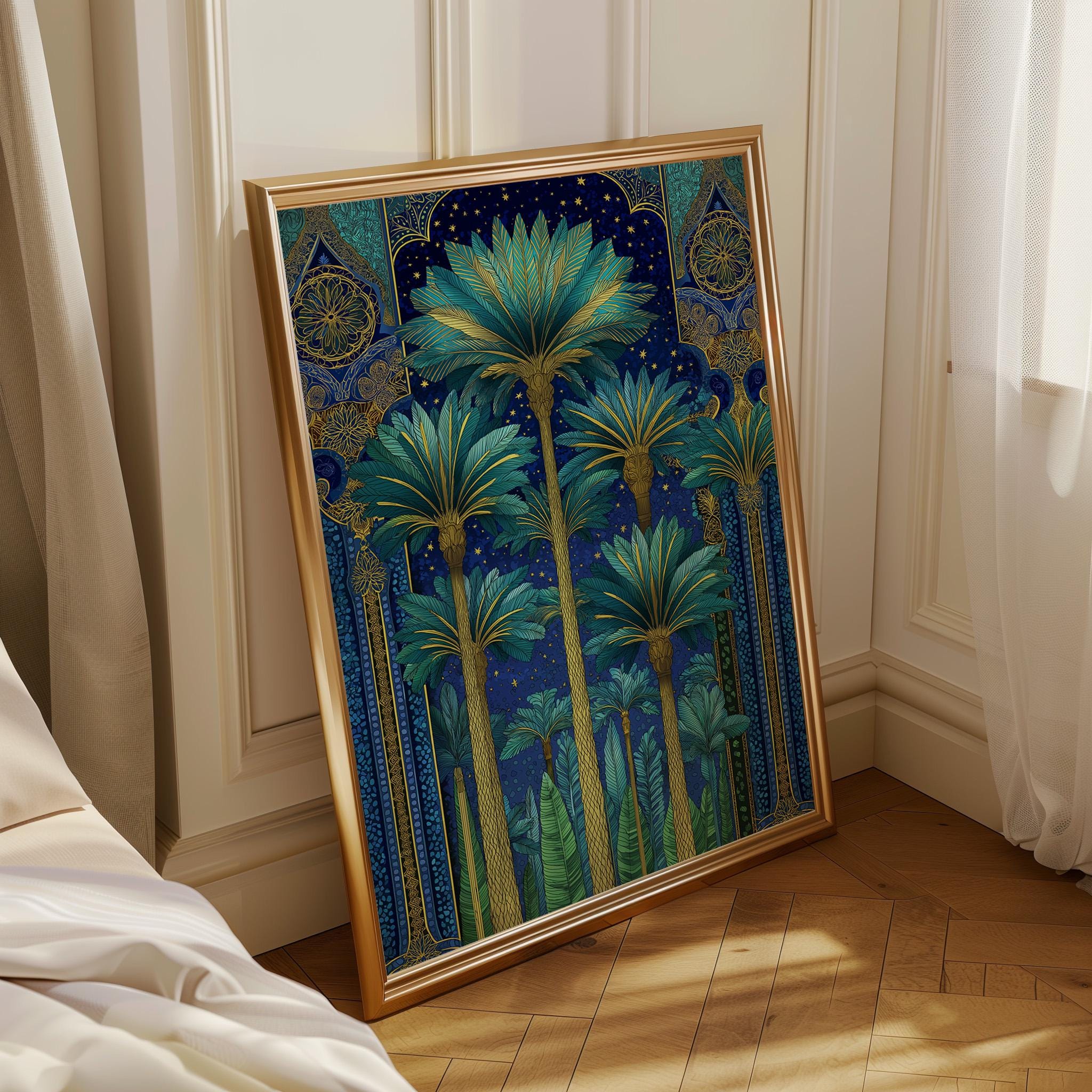 Islamic Palm Tree Blue & Gold Moroccan Night Landscape Wall Art by The Wall Art Studio
