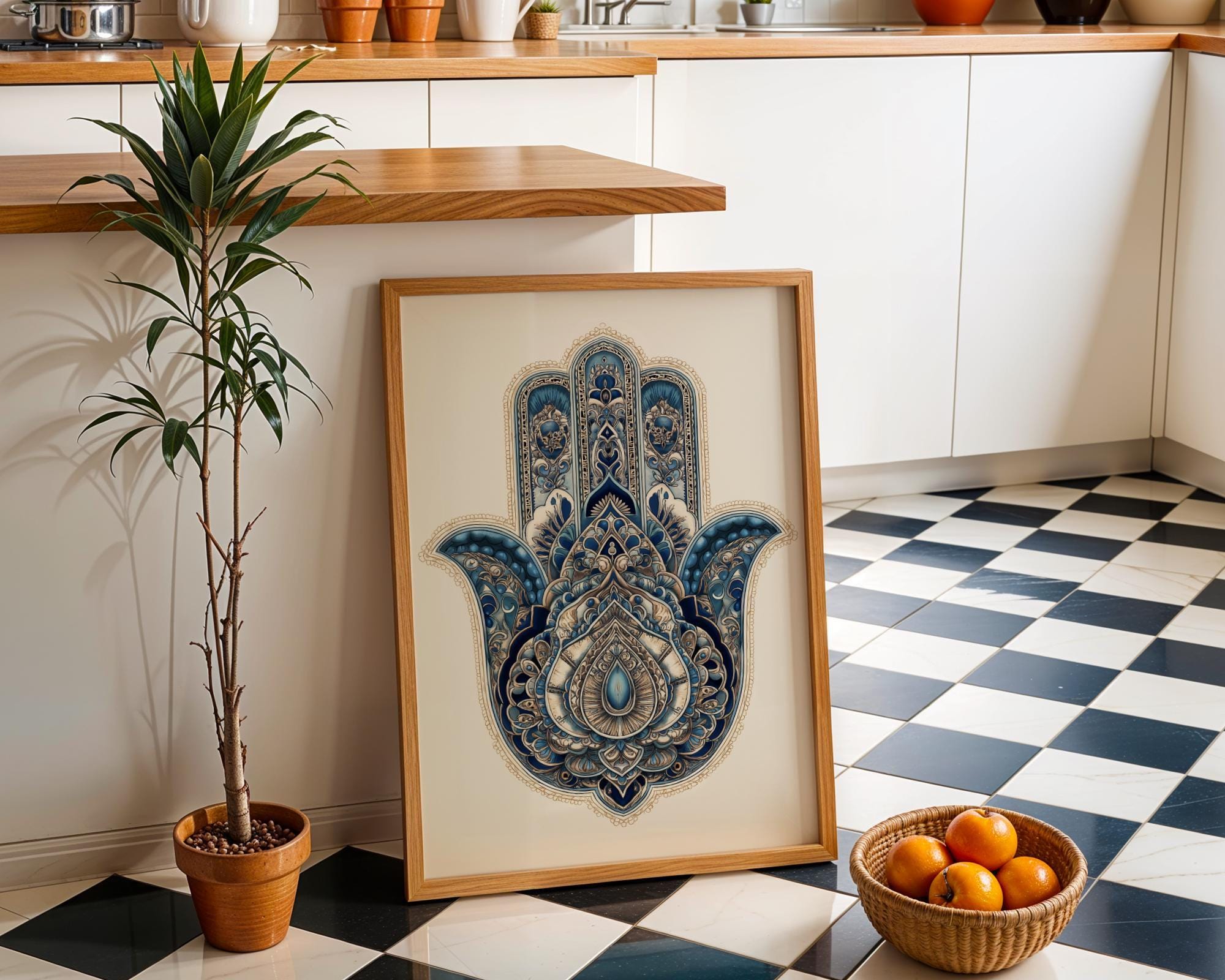 Intricate Blue Hamsa Jewish Home Blessing Wall Art by The Wall Art Studio