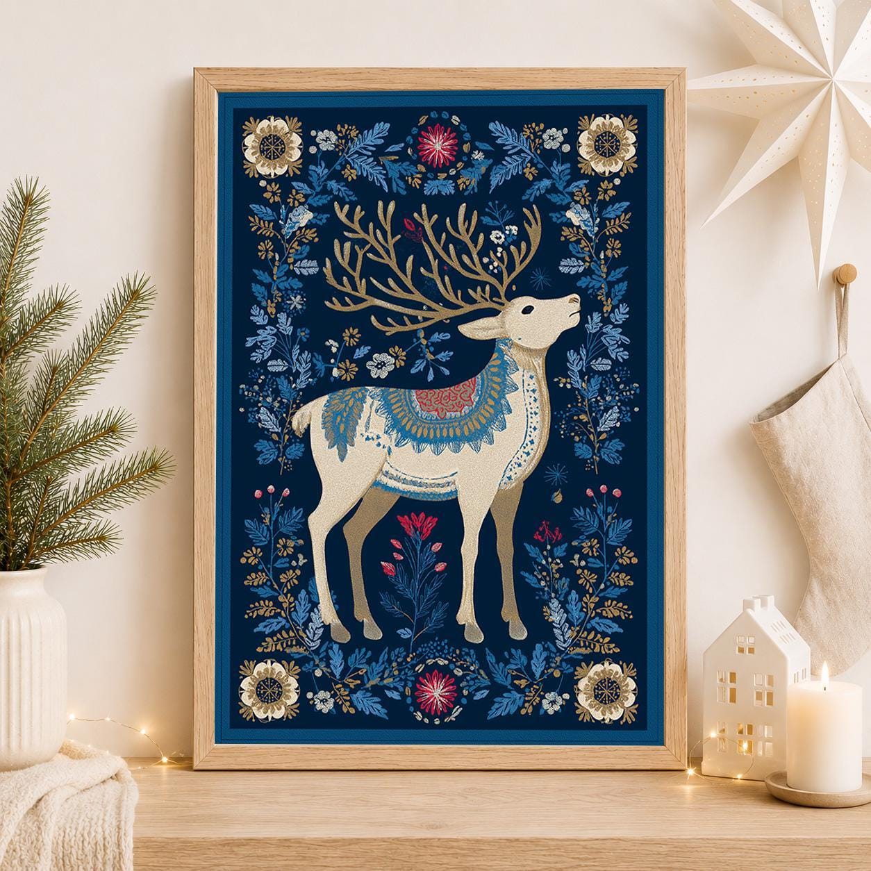 Scandinavian Christmas Nordic Reindeer Woodland Winter Wall Art by The Wall Art Studio