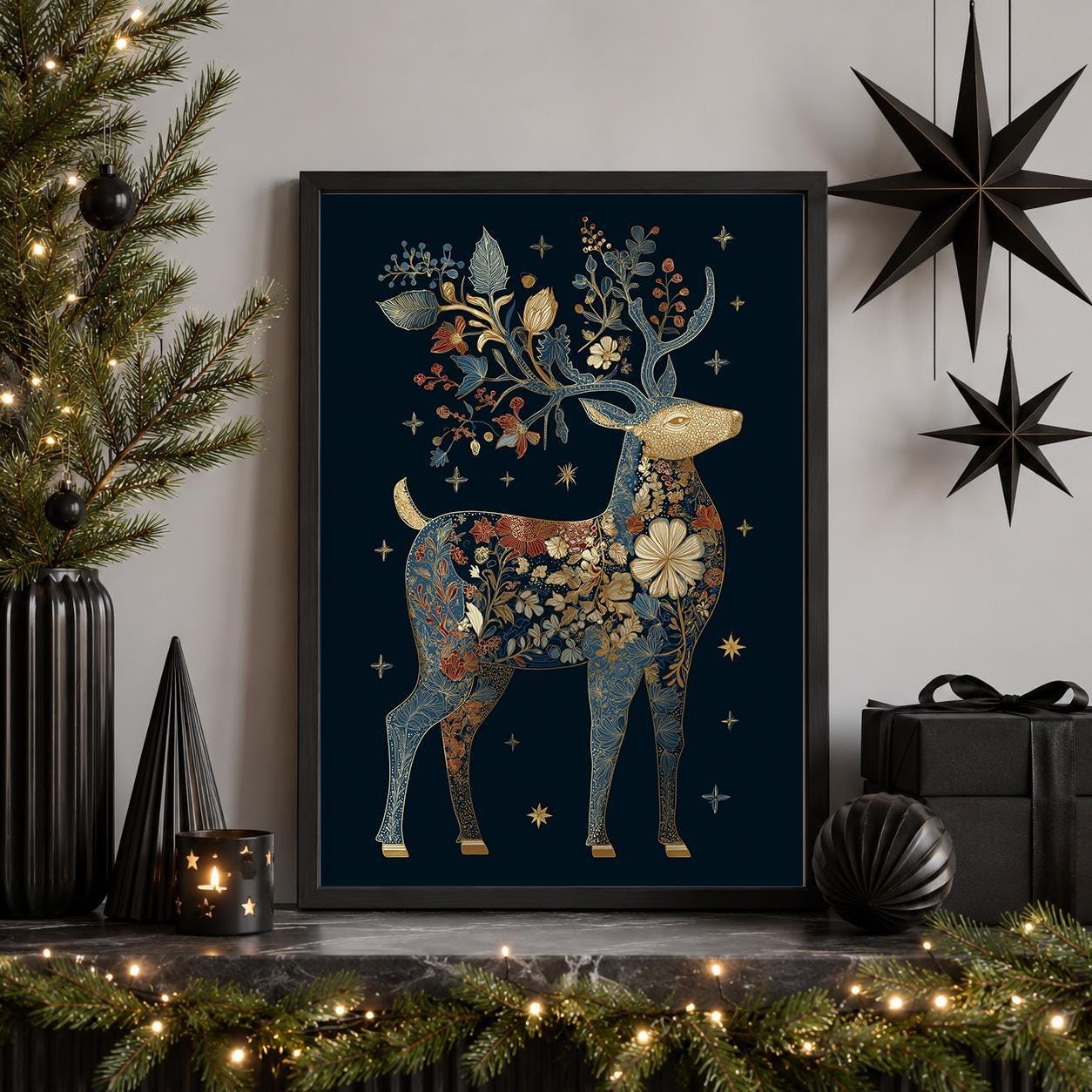 Blue & Gold Luxury Scandinavian Deer Christmas Reindeer Wall Art by The Wall Art Studio