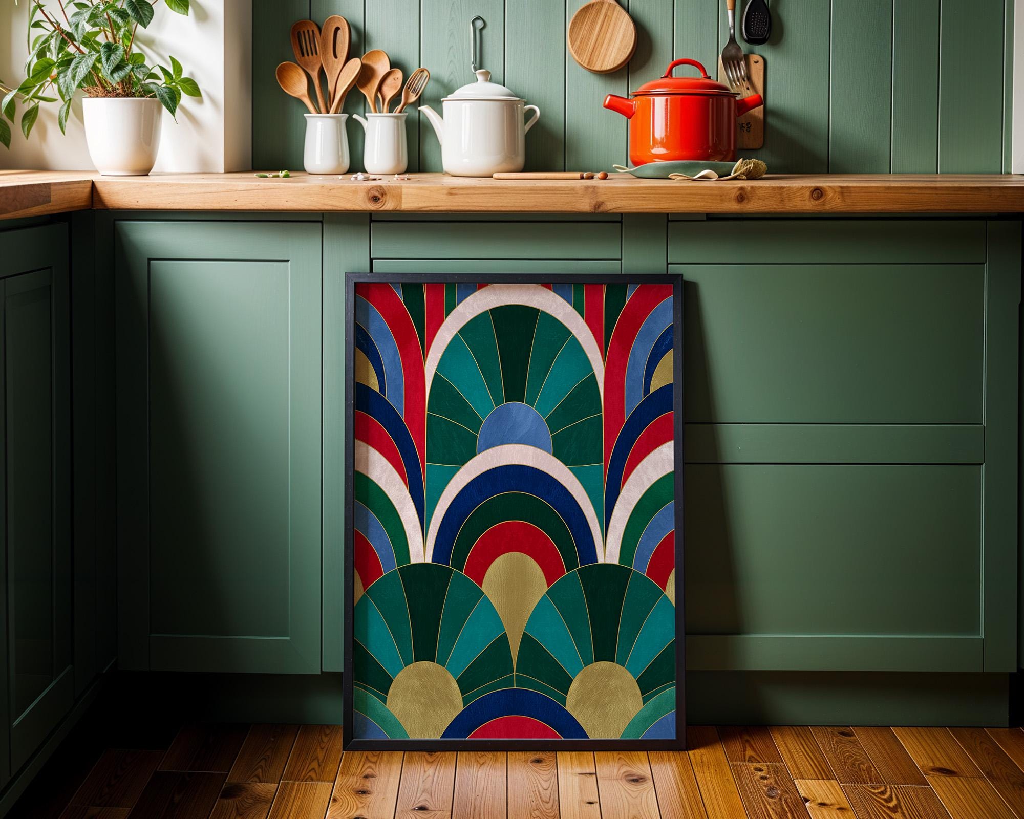 Emerald Green, Blue & Gold Abstract Art Deco Geometric Fan Wall Art by The Wall Art Studio