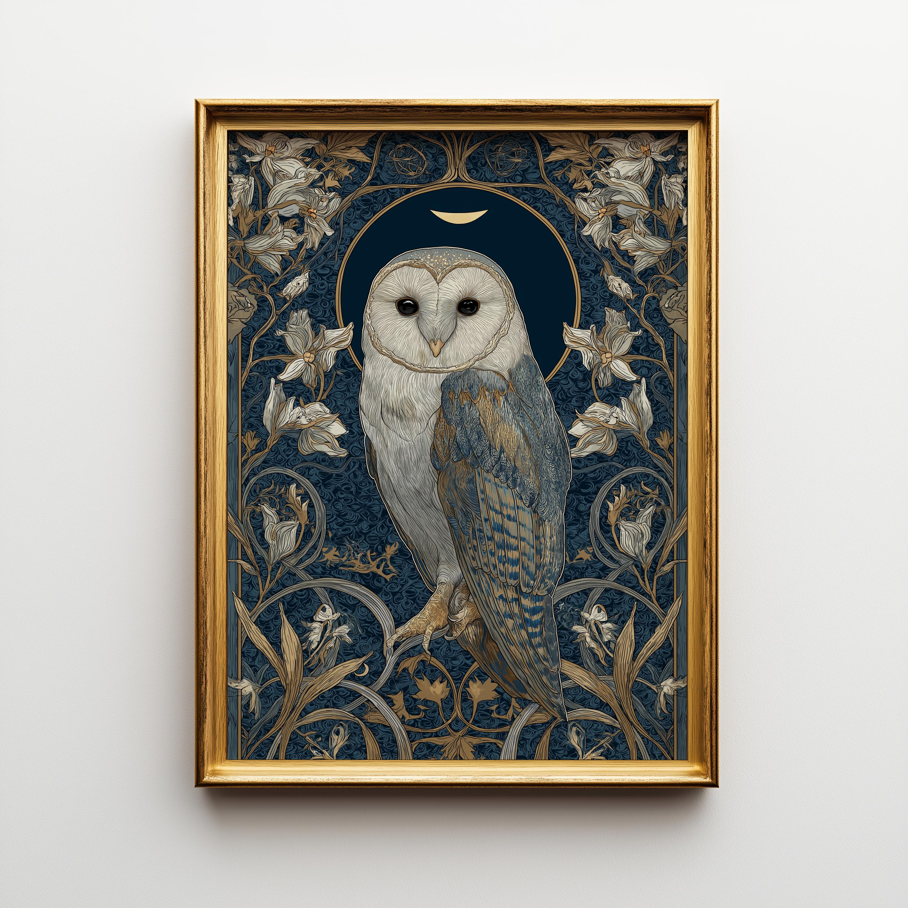 Art Nouveau Barn Owl Botanical William Morris Style Wall Art