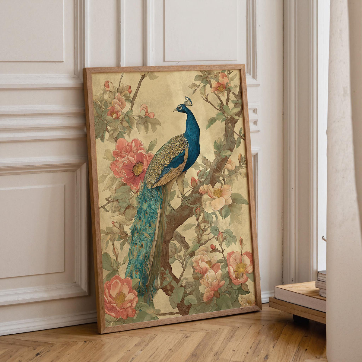 Elegant Chinoiserie Peacock Peony Vintage Asian Floral Wall Art by The Wall Art Studio - physical
