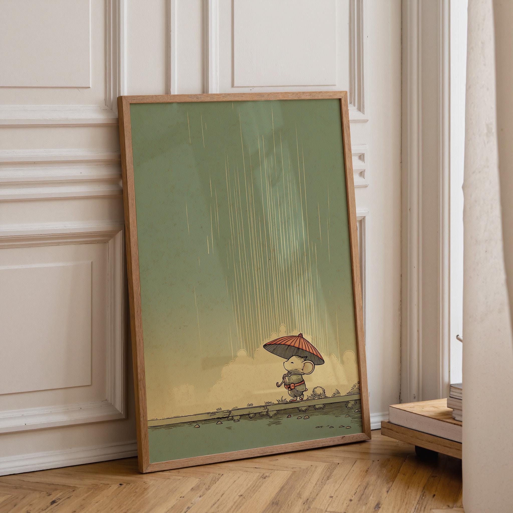 Mouse With Umbrella Cute Rainy Nursery Wall Art by The Wall Art Studio