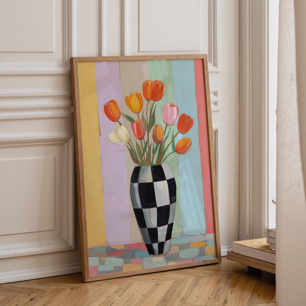 Tulip Vase Pastel Floral Painting Checkered Colorful Modern Wall Art
