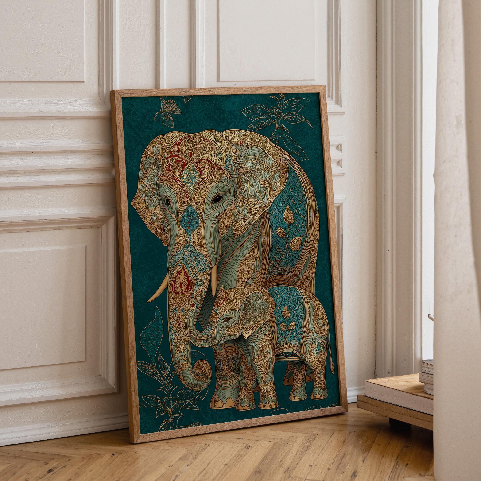 Teal Elephant Ornate Boho Safari Animal Wall Art