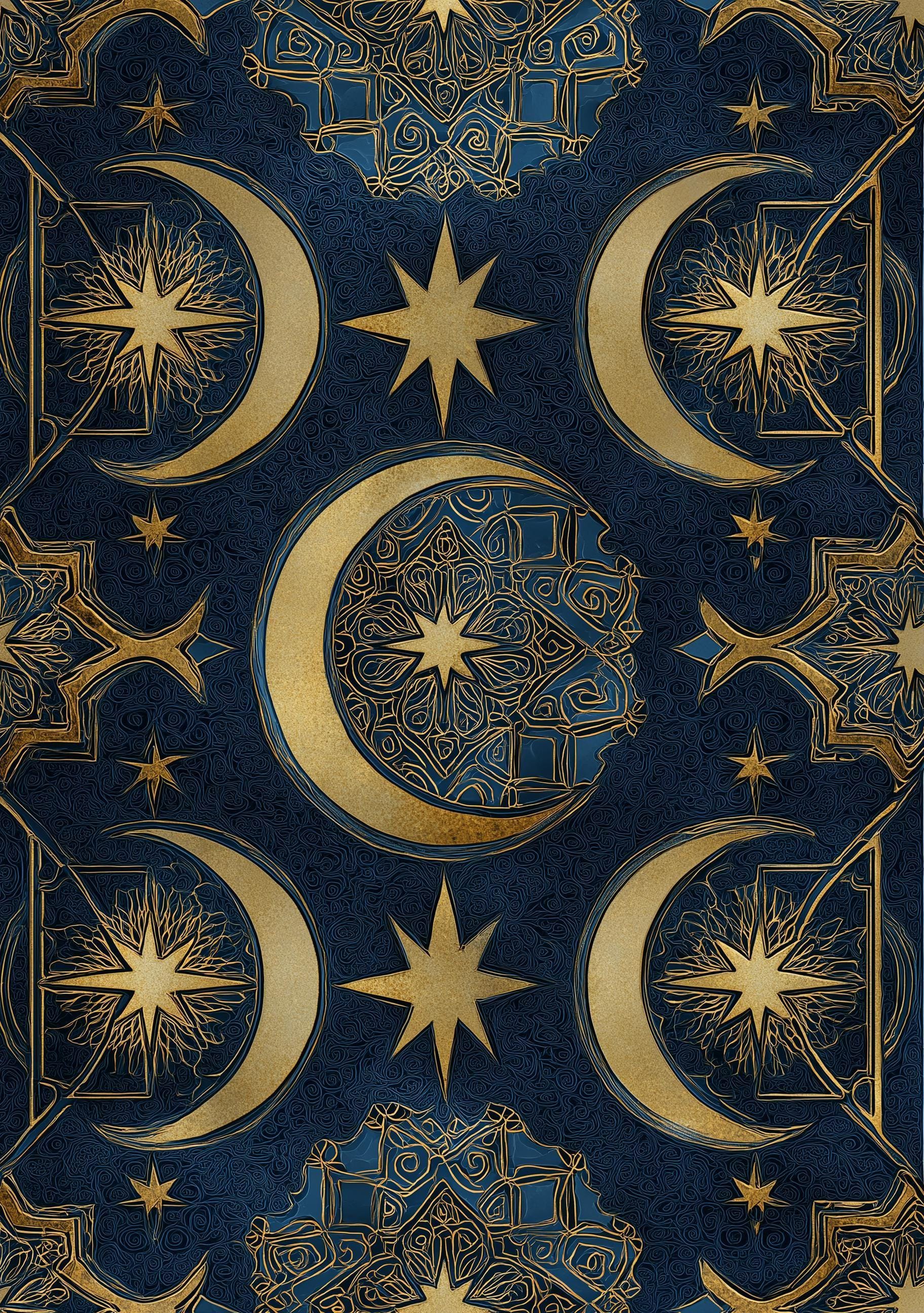 Islamic Crescent Moon Celestial Ramadan Eid Blue & Gold Wall Art by The Wall Art Studio