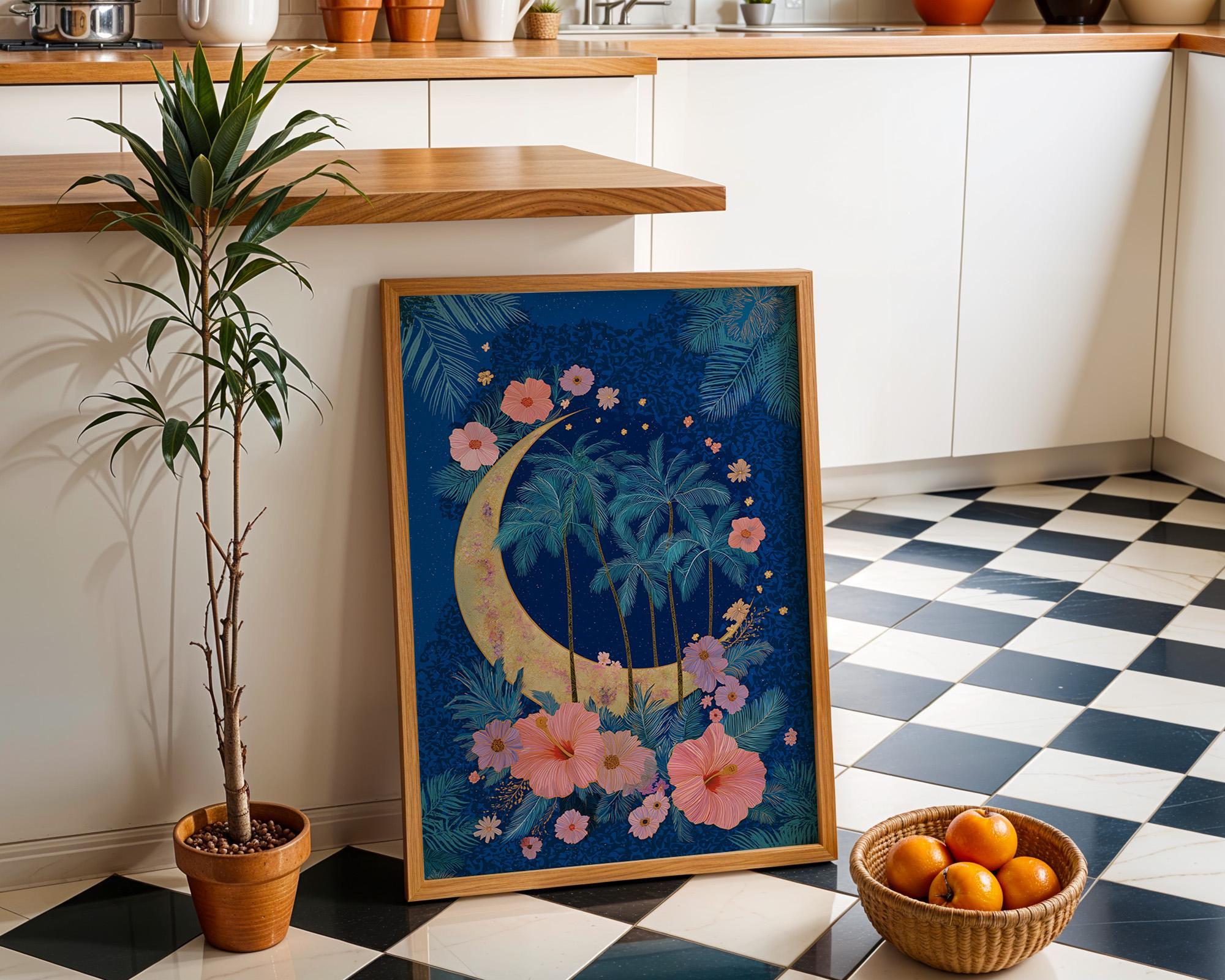Blue Palm Tree Moon Celestial Tropical Boho Night Sky Wall Art by The Wall Art Studio