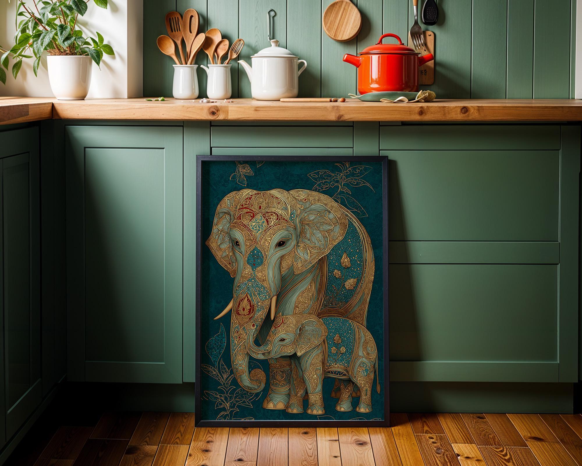 Teal Elephant Ornate Boho Safari Animal Wall Art