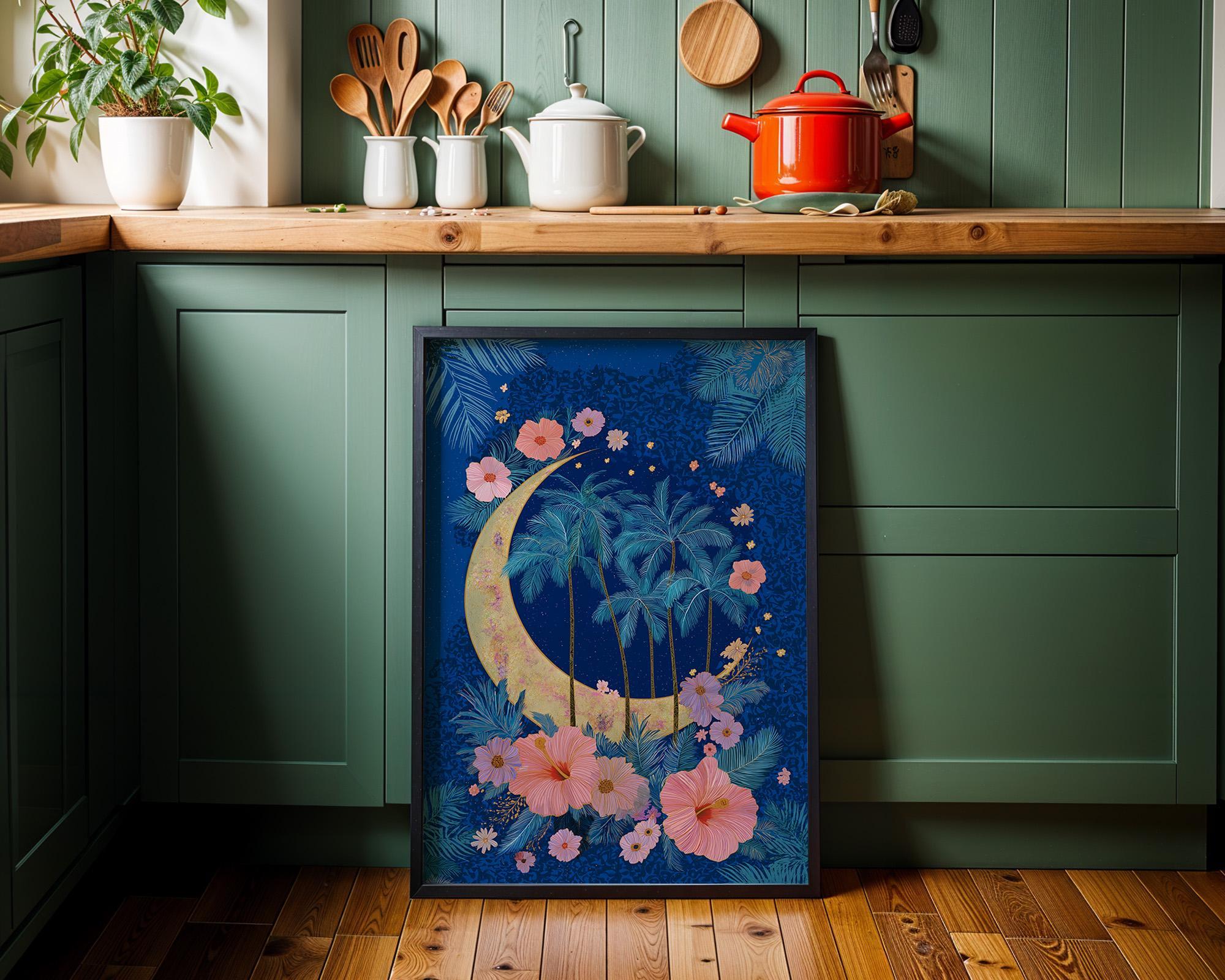 Blue Palm Tree Moon Celestial Tropical Boho Night Sky Wall Art by The Wall Art Studio