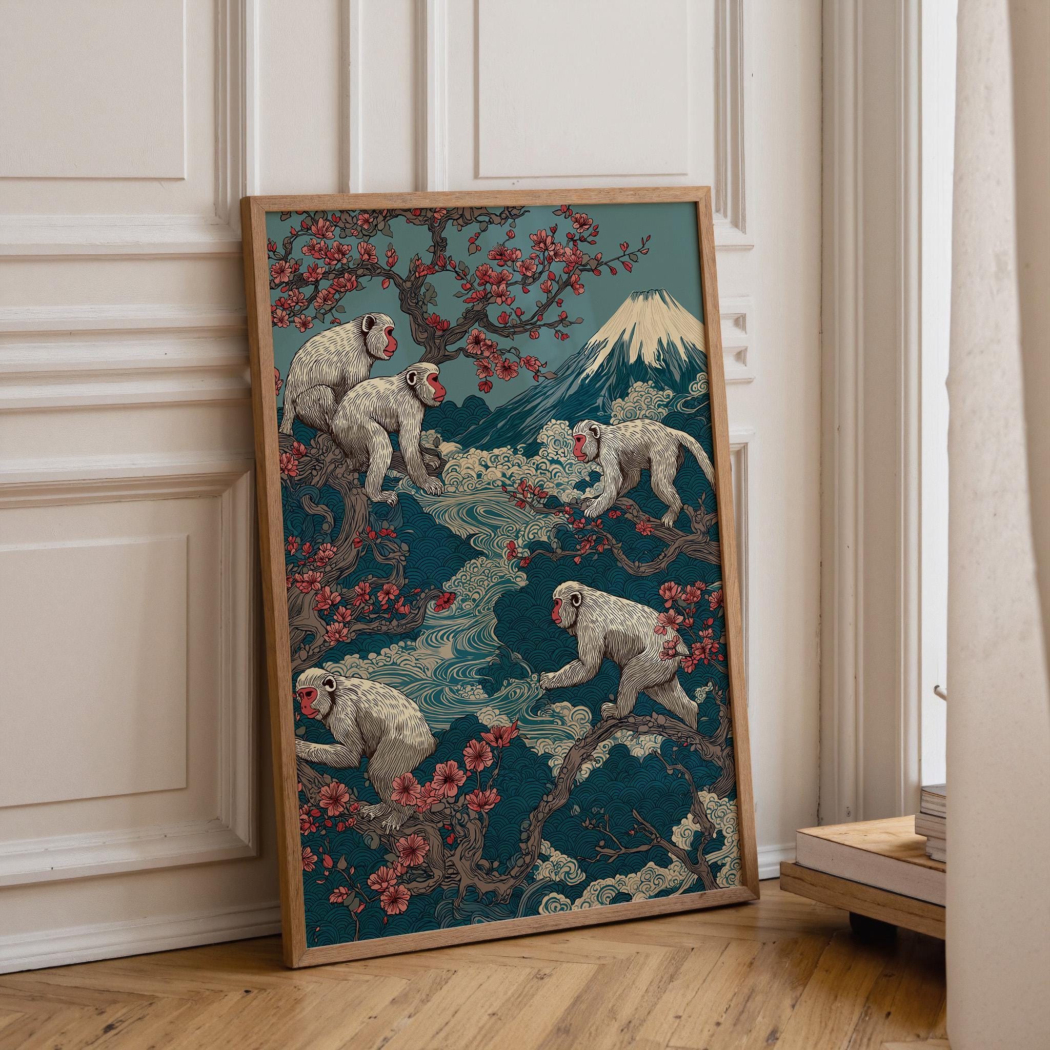 Japanese Monkey Mount Fuji Sakura Japandi Wall Art by The Wall Art Studio