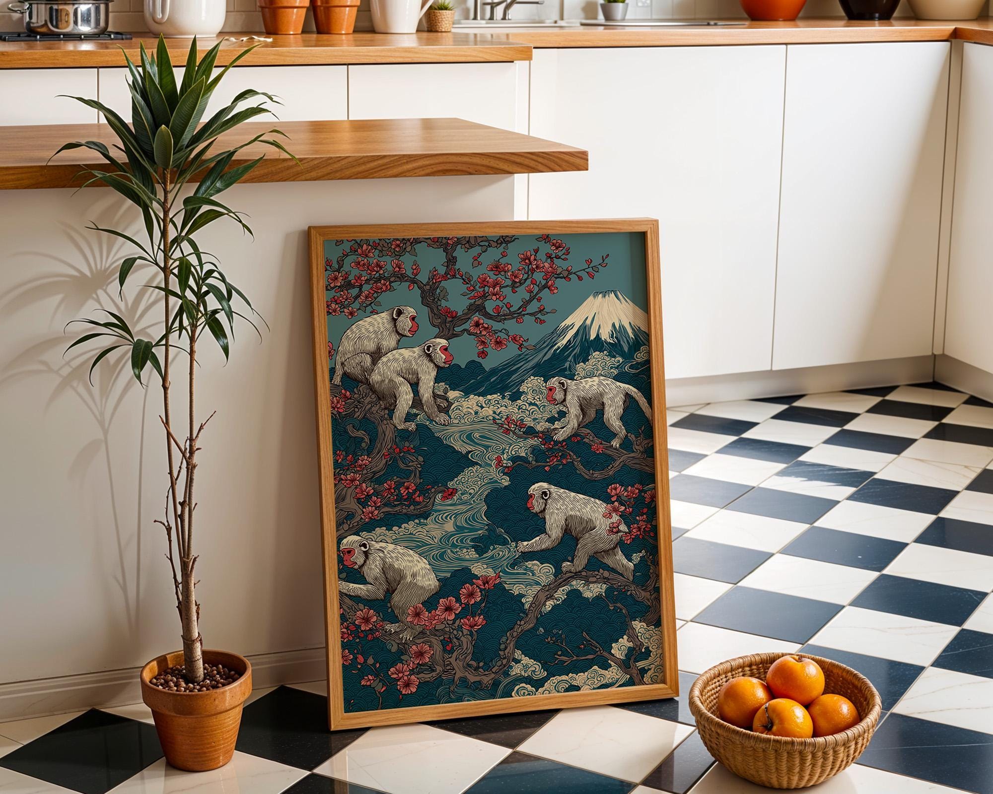 Japanese Monkey Mount Fuji Sakura Japandi Wall Art by The Wall Art Studio