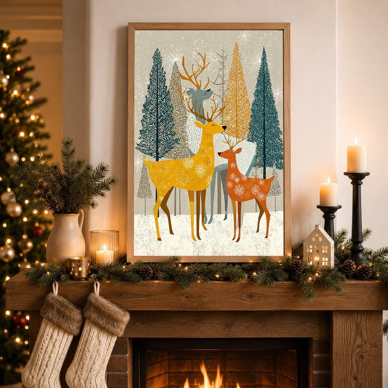 Scandinavian Christmas Reindeer Mid Century Winter Woodland Wall Art by The Wall Art Studio