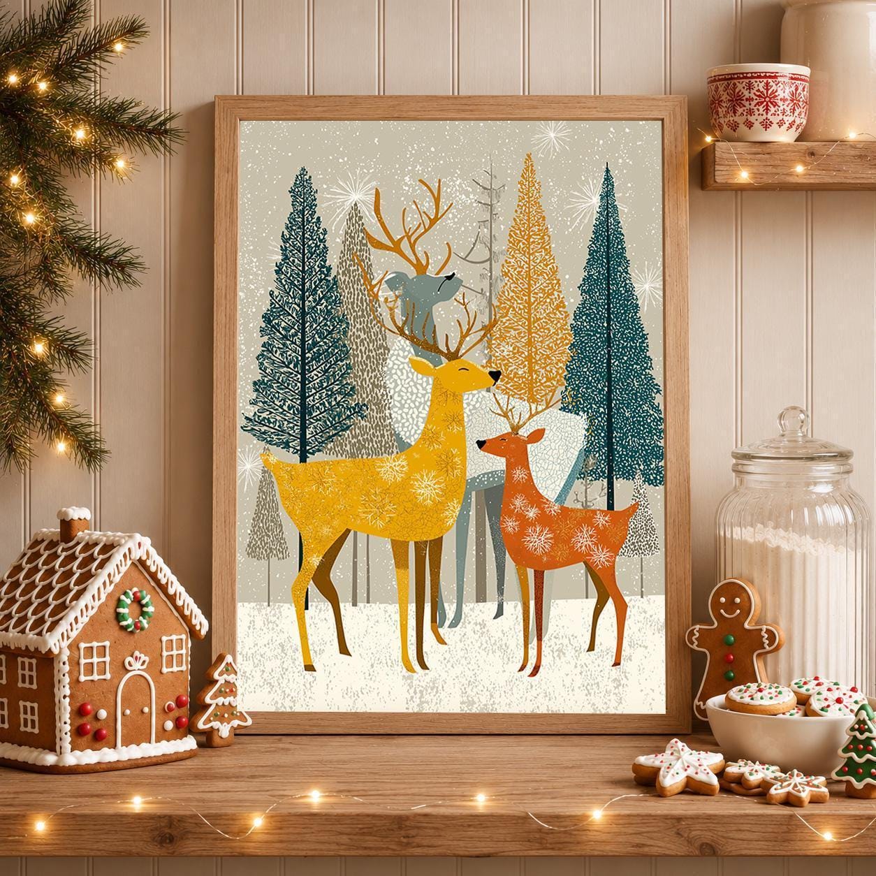 Scandinavian Christmas Reindeer Mid Century Winter Woodland Wall Art by The Wall Art Studio
