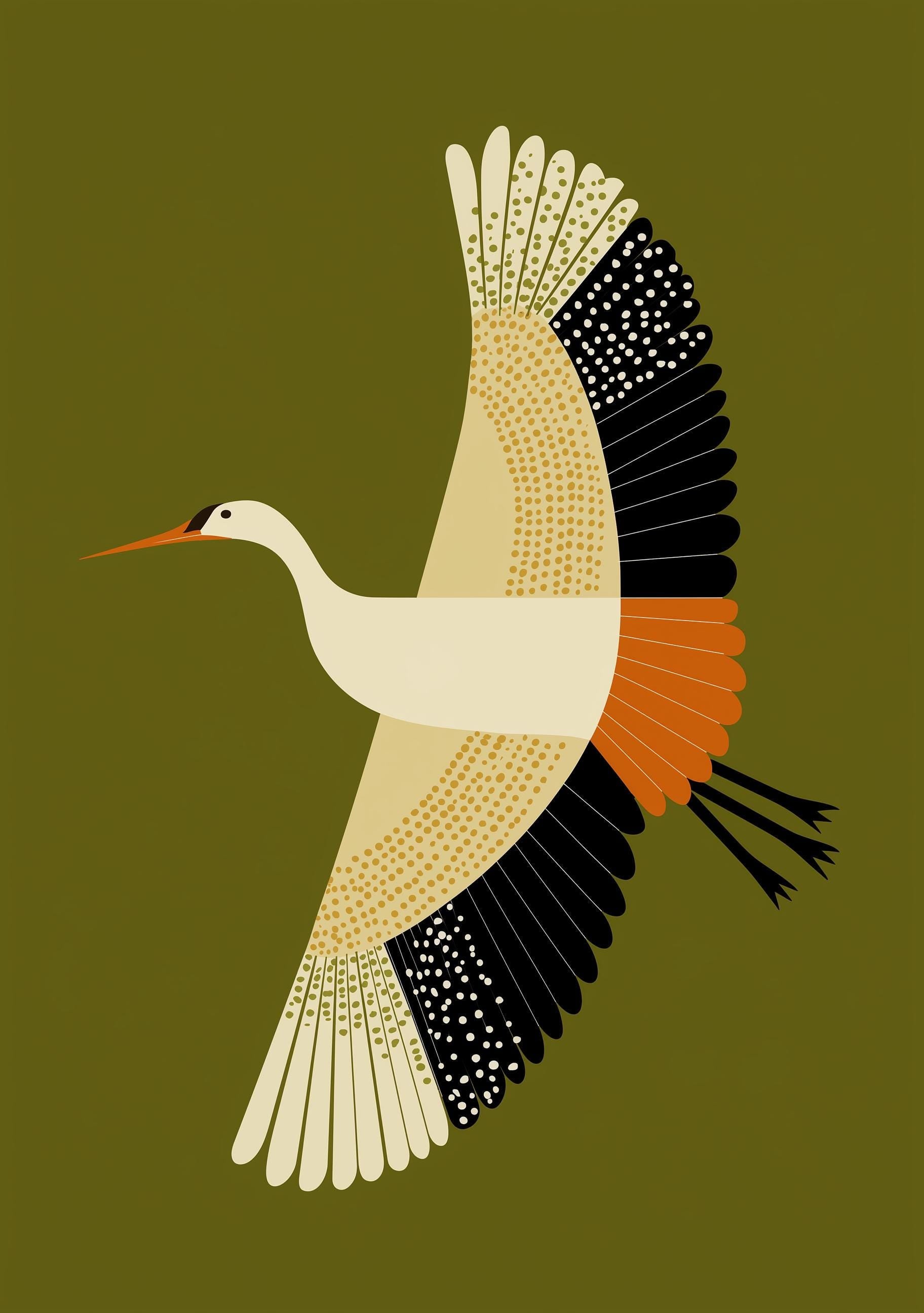 Mid Century Modern Crane Retro 1960s Olive Green Scandinavian Wall Art by The Wall Art Studio - physical