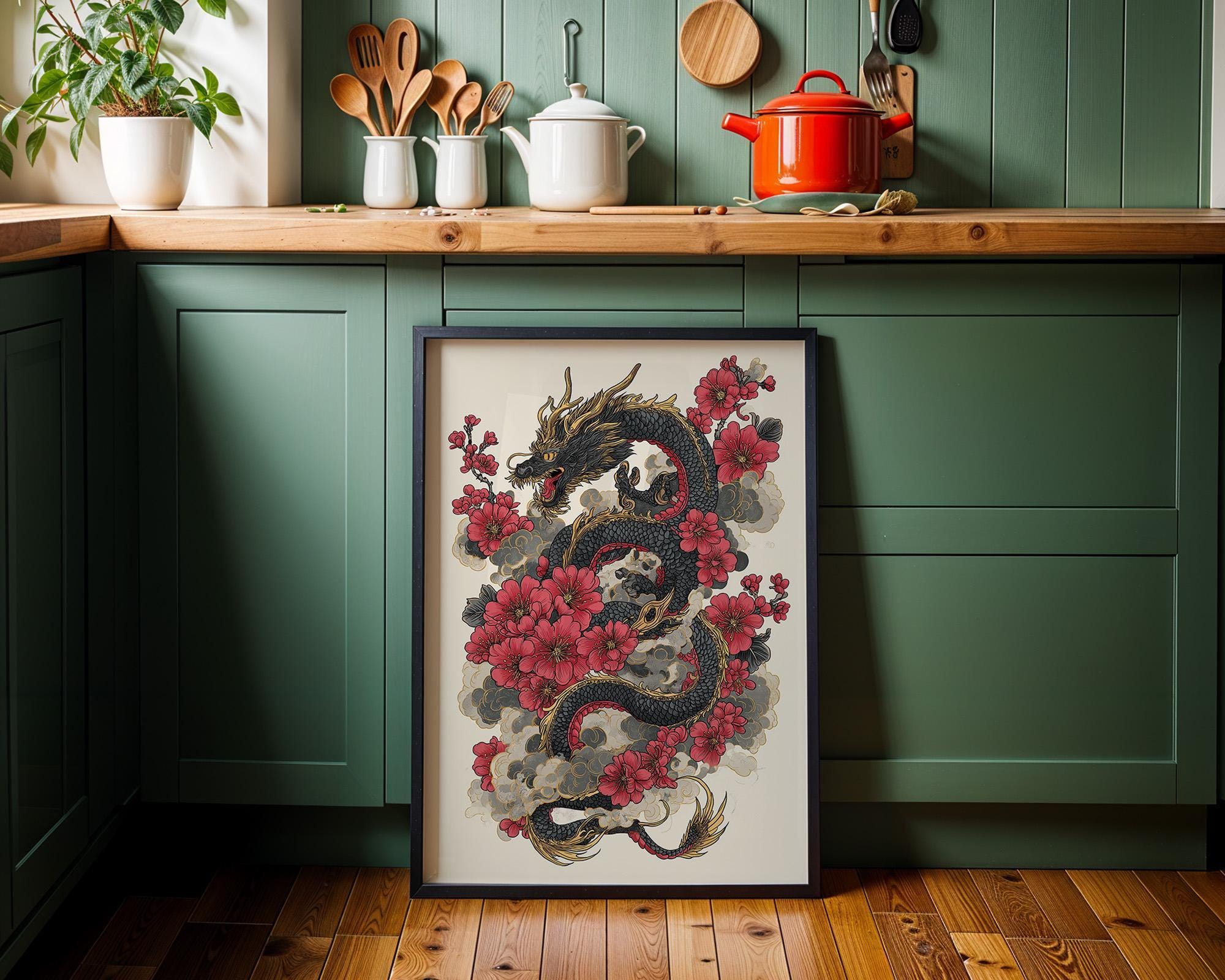 Japanese Dragon Cherry Blossom Dragon Oriental Tattoo Style Wall Art