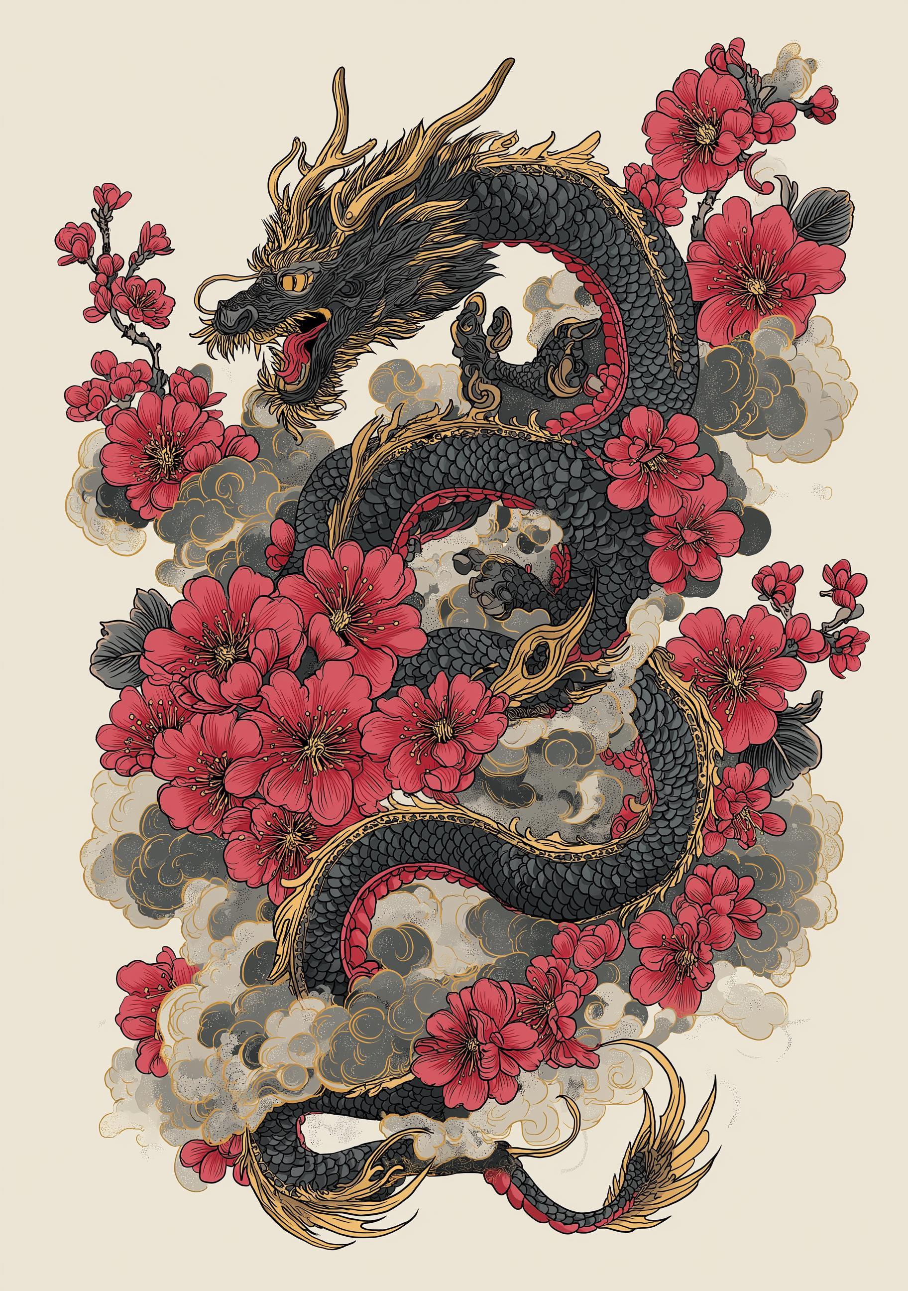 Japanese Dragon Cherry Blossom Dragon Oriental Tattoo Style Wall Art