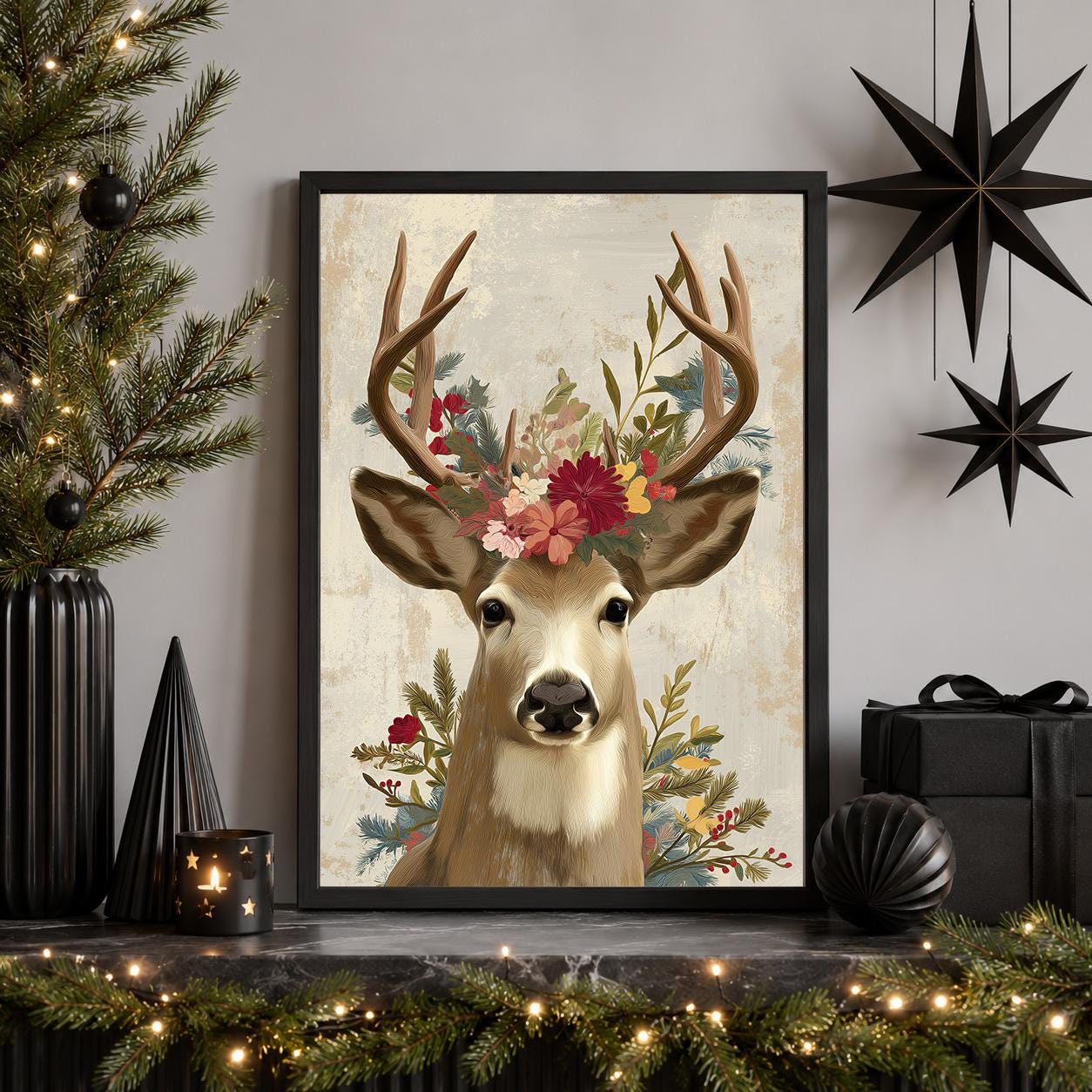 Floral Scandinavian Christmas Reindeer Wall Art by The Wall Art Studio
