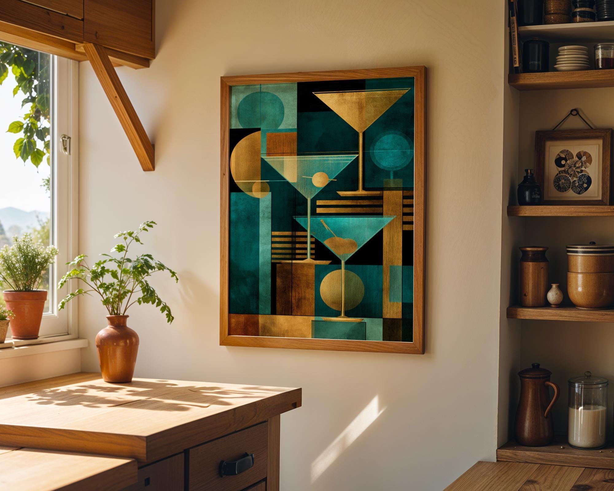 Gold & Teal Art Deco Cocktail Geometric Martini Glass Wall Art by The Wall Art Studio