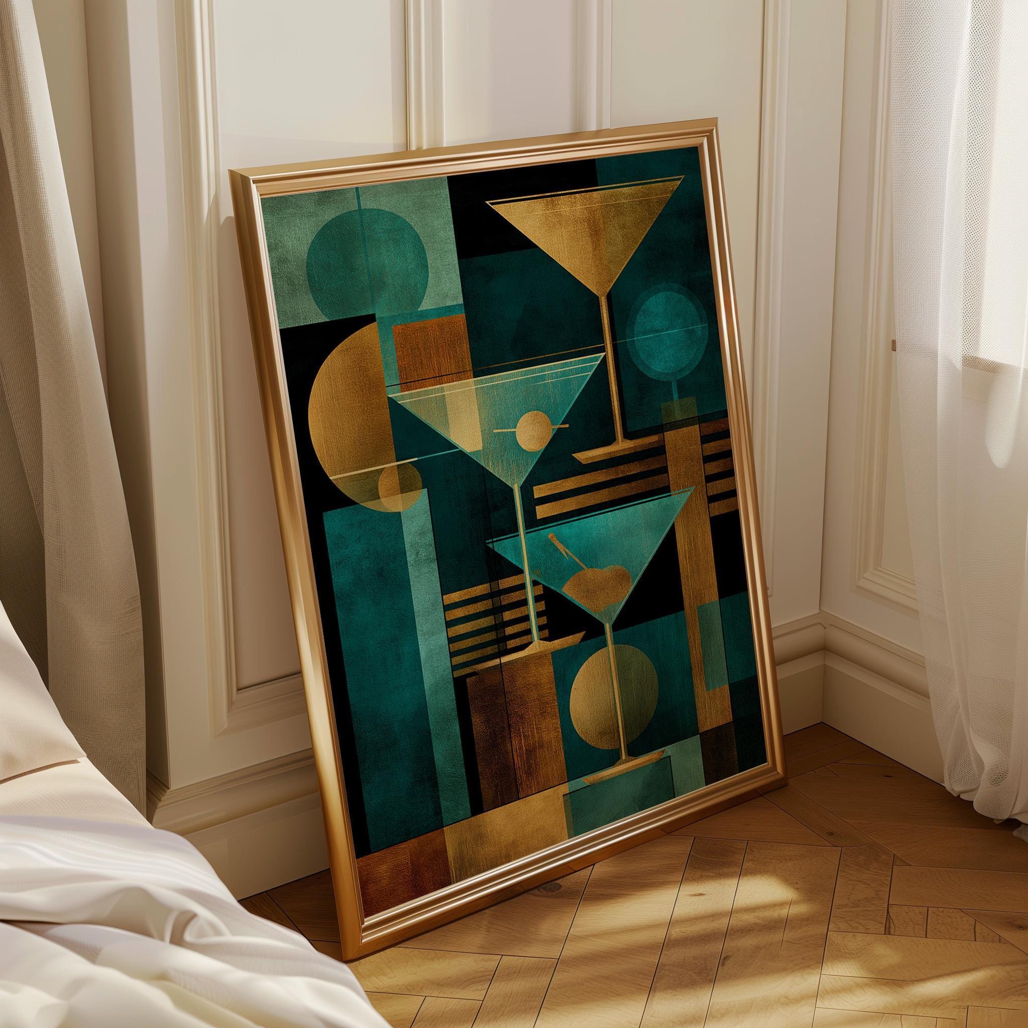 Gold & Teal Art Deco Cocktail Geometric Martini Glass Wall Art by The Wall Art Studio