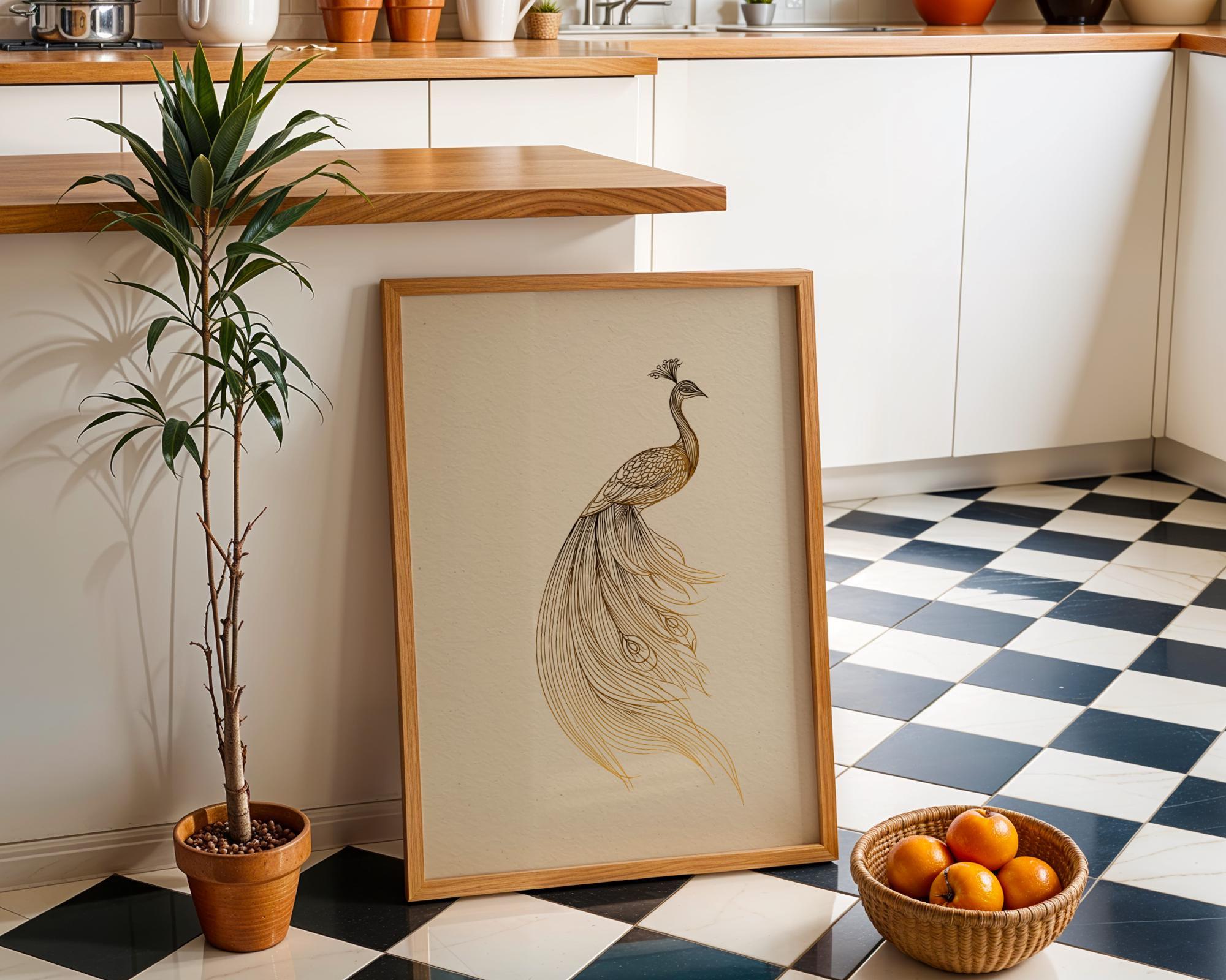Minimalist Peacock Line Art Elegant Gold Bird Wall Art by The Wall Art Studio - physical