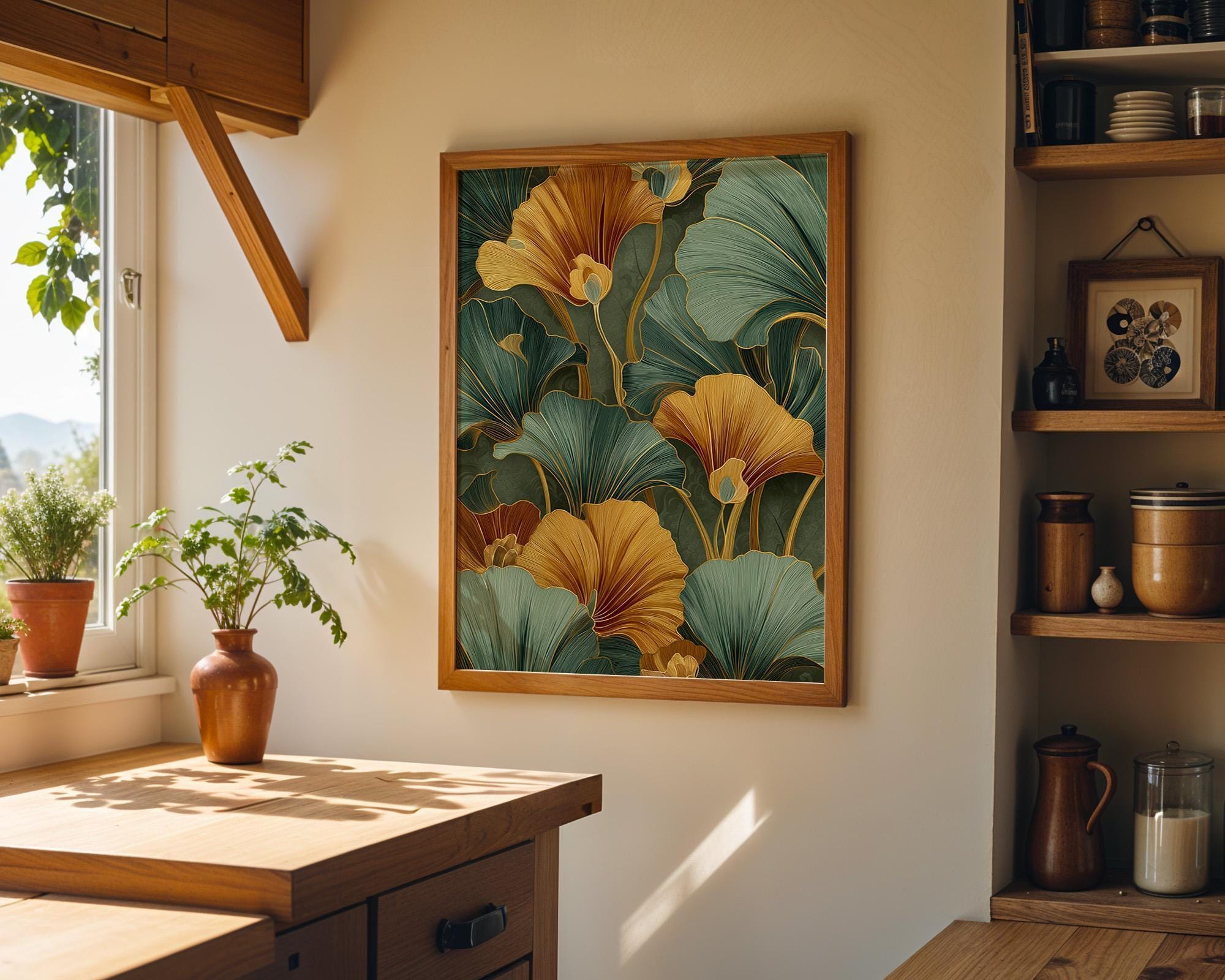 Art Deco Emerald Green Floral Tropical Leaves Wall Art by The Wall Art Studio