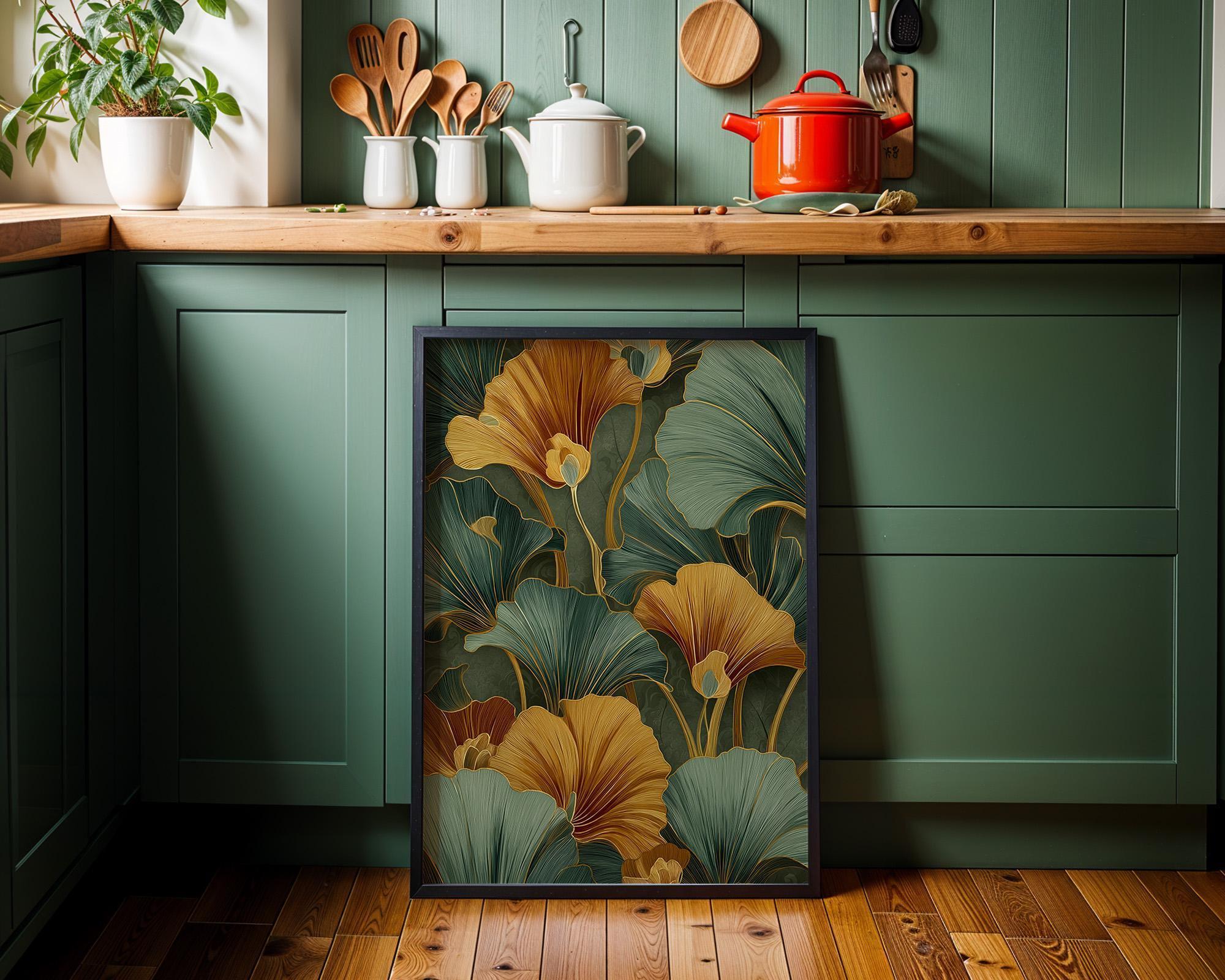 Art Deco Emerald Green Floral Tropical Leaves Wall Art by The Wall Art Studio