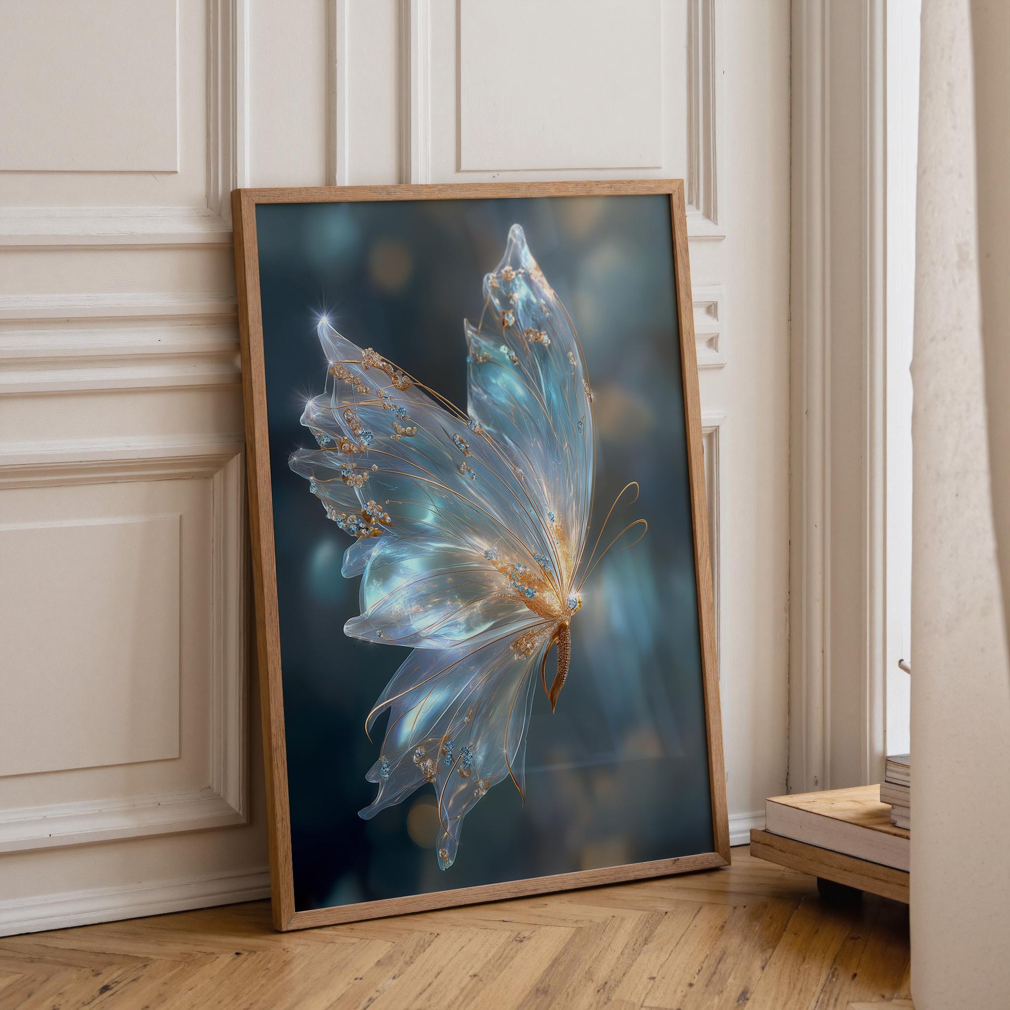 Ethereal Butterfly Magical Blue & Gold Celestial Wall Art by The Wall Art Studio