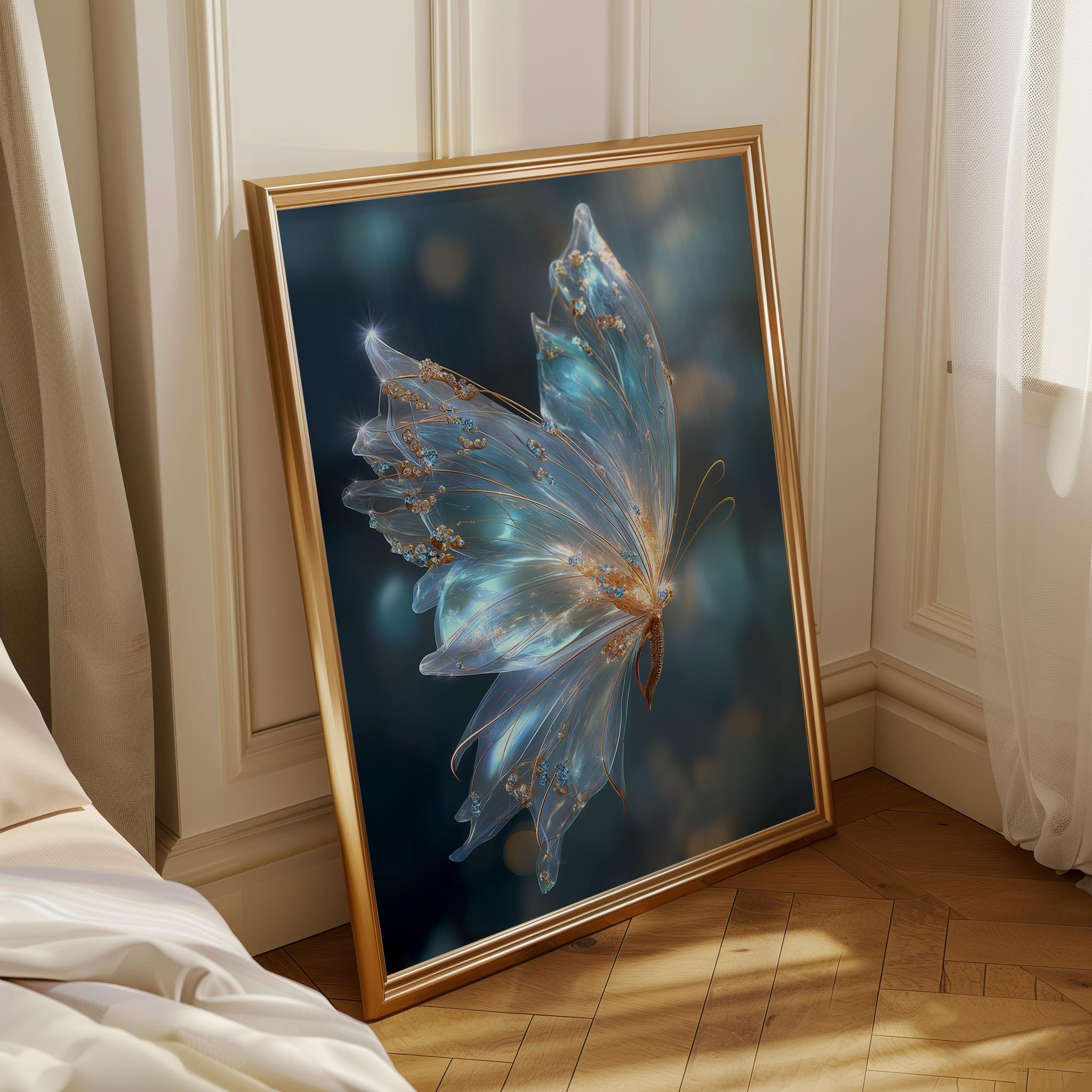 Ethereal Butterfly Magical Blue & Gold Celestial Wall Art by The Wall Art Studio