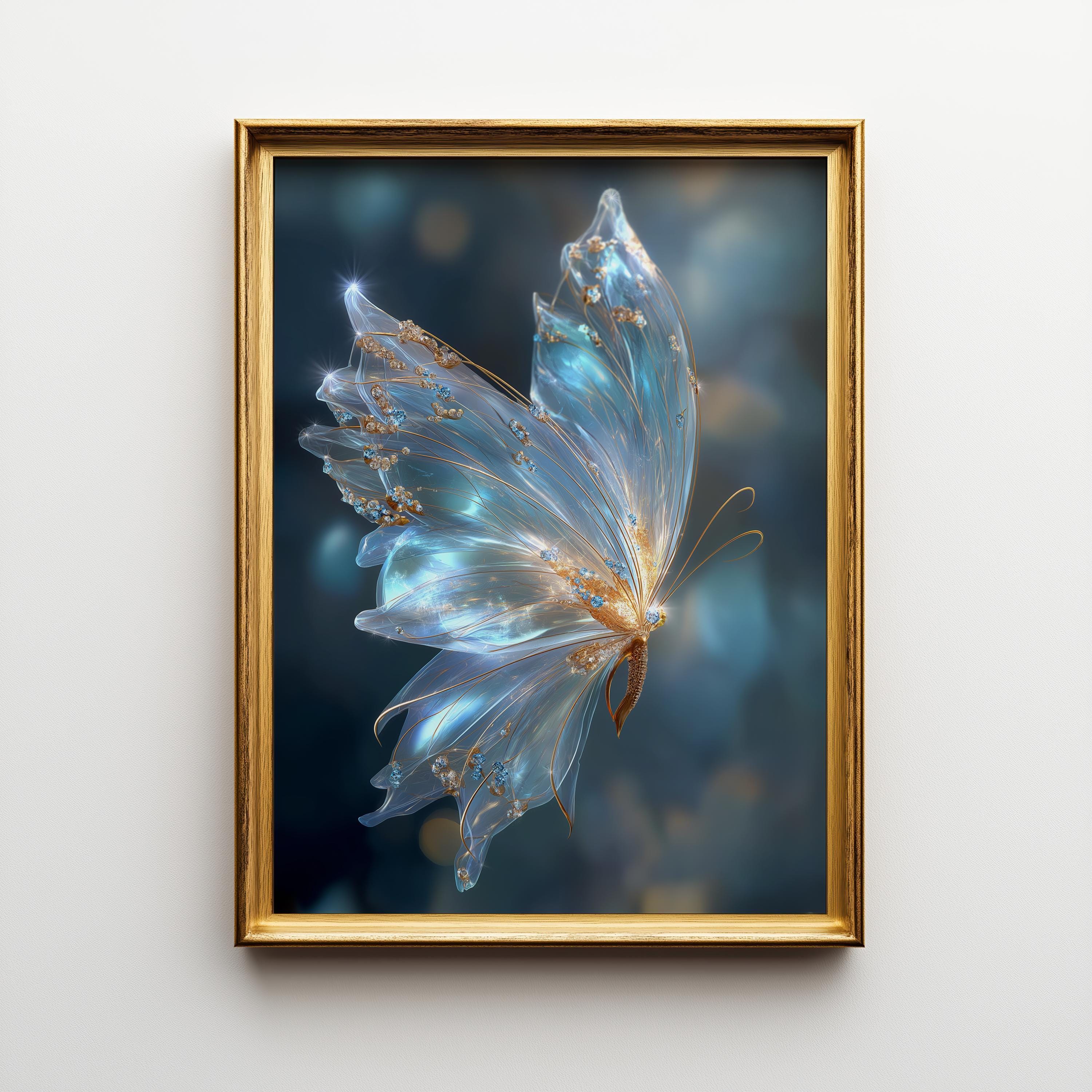 Ethereal Butterfly Magical Blue & Gold Celestial Wall Art by The Wall Art Studio