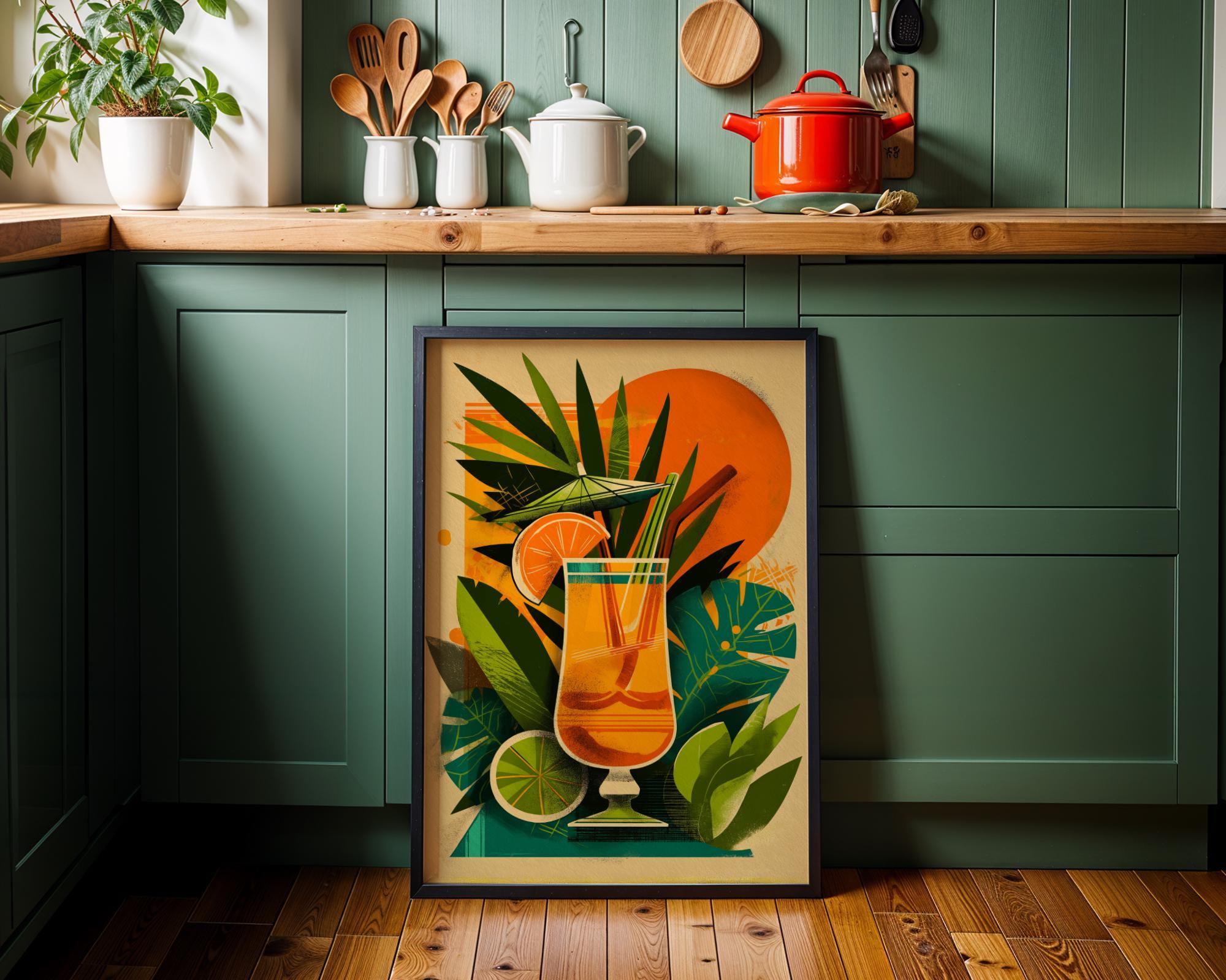 Tropical Tiki Bar Cocktail Retro Citrus Drink with Palm Leaves & Orange Sun Wall Art