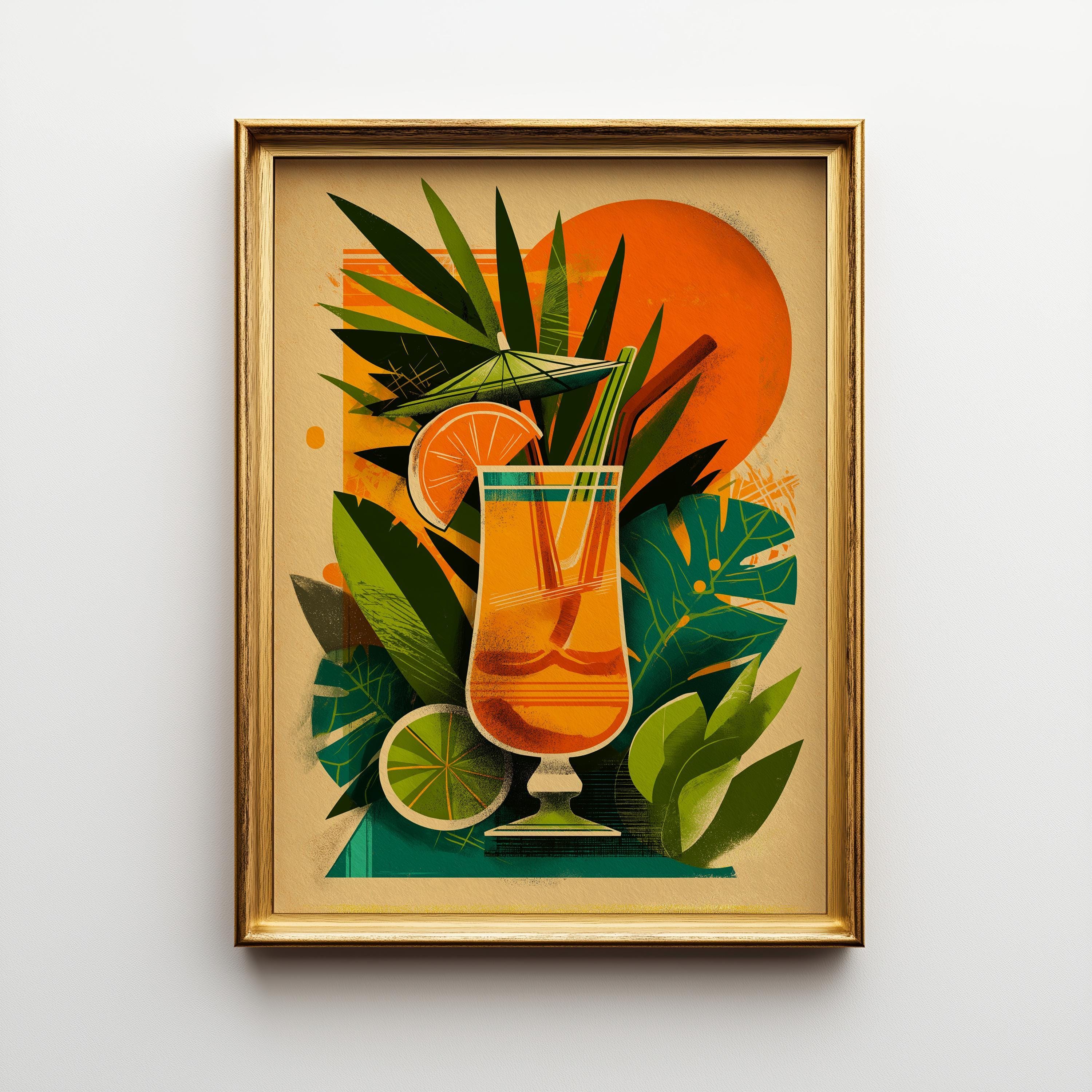 Tropical Tiki Bar Cocktail Retro Citrus Drink with Palm Leaves & Orange Sun Wall Art