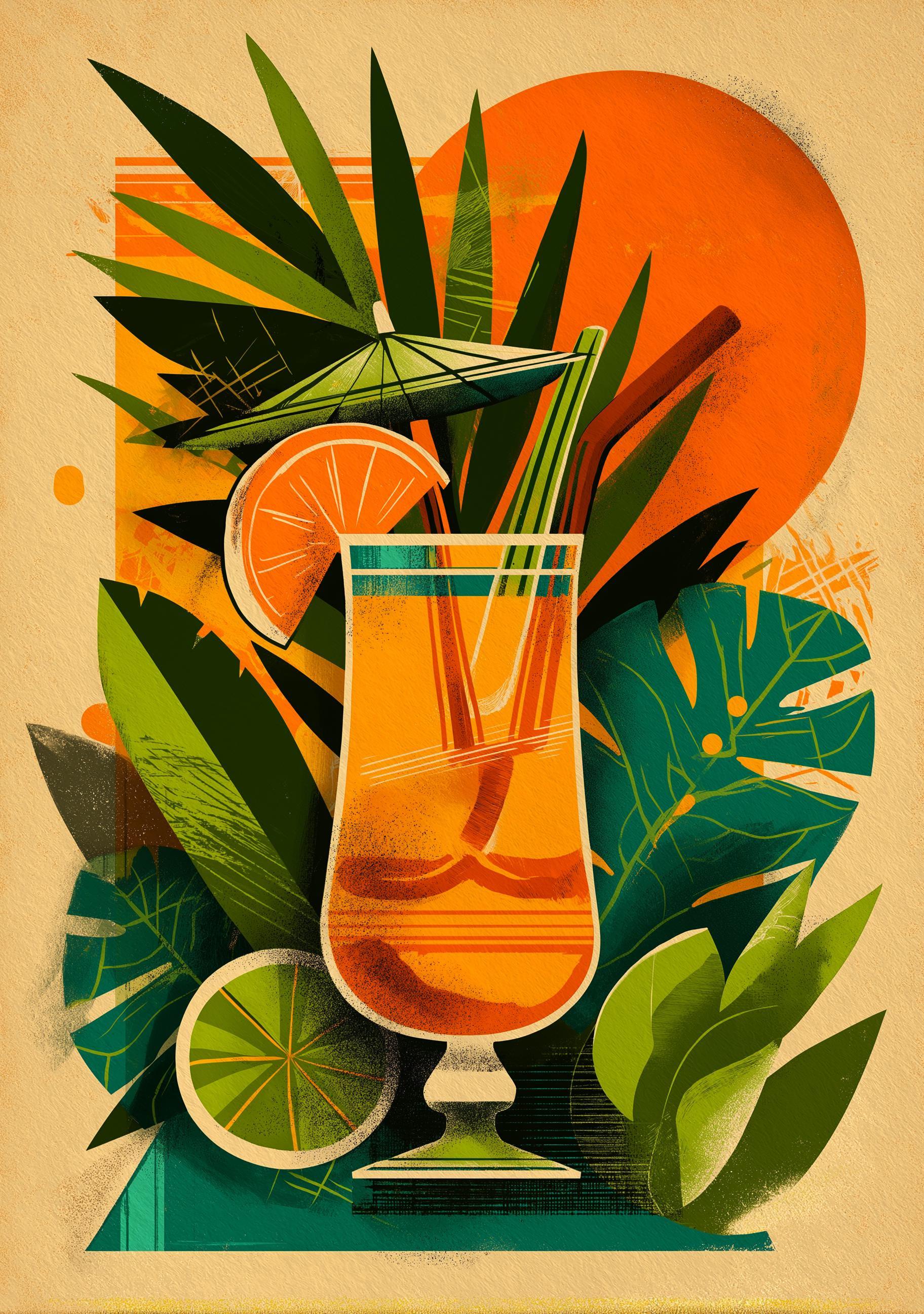 Tropical Tiki Bar Cocktail Retro Citrus Drink with Palm Leaves & Orange Sun Wall Art