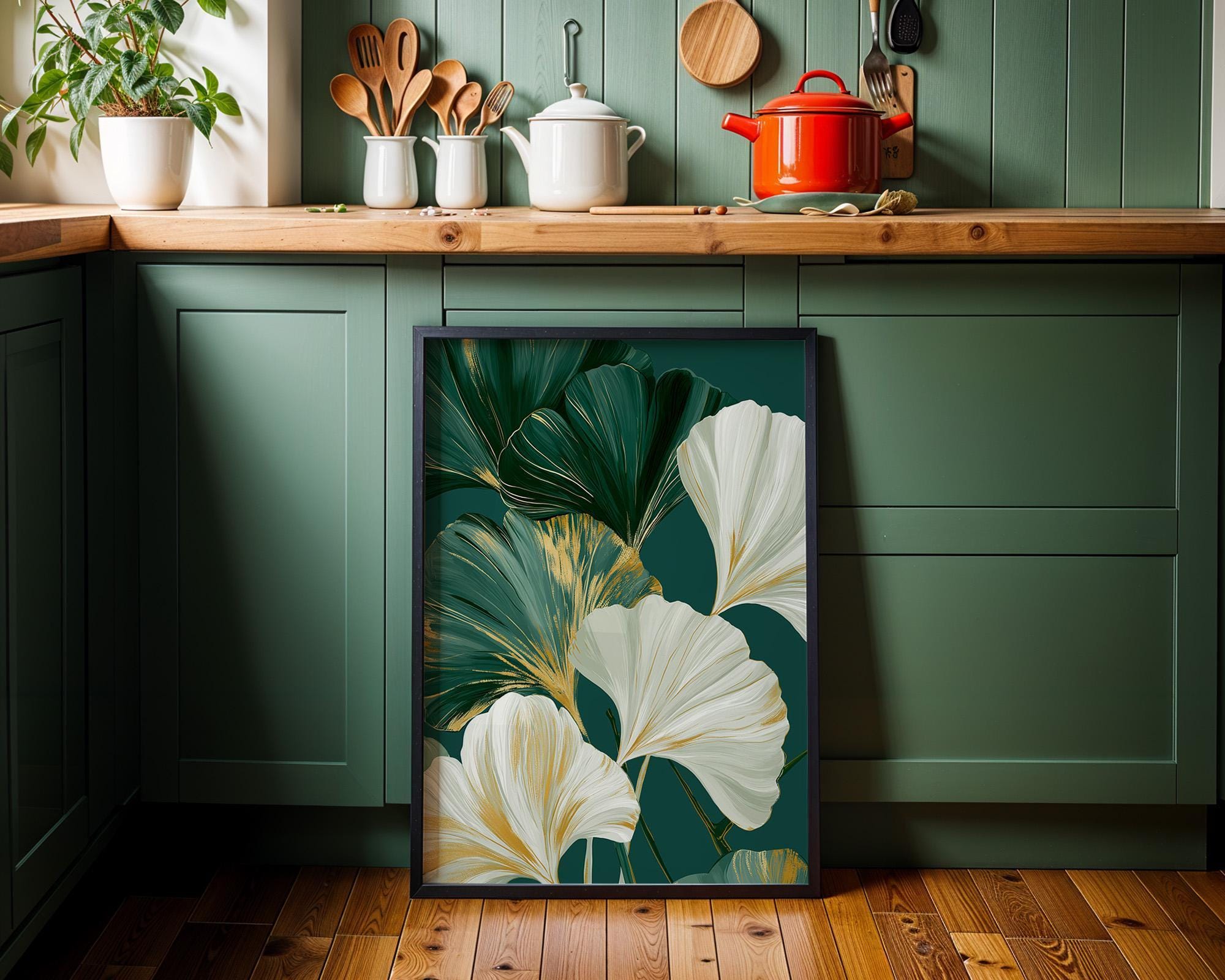 Green & Gold Art Deco Ginkgo Leaf Print Botanical Wall Art by The Wall Art Studio