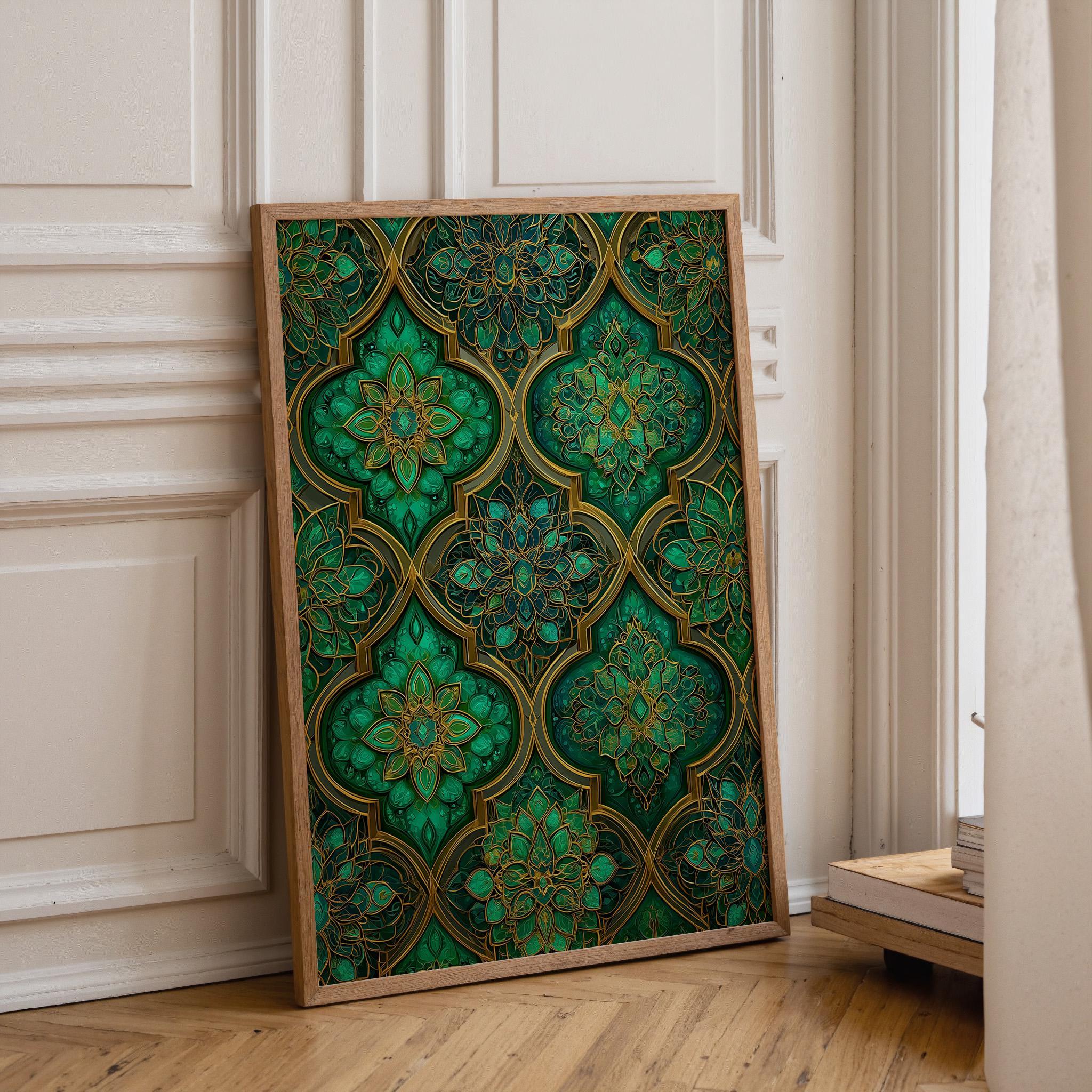 Green & Gold Moroccan Tile Geometric Pattern Wall Art by The Wall Art Studio