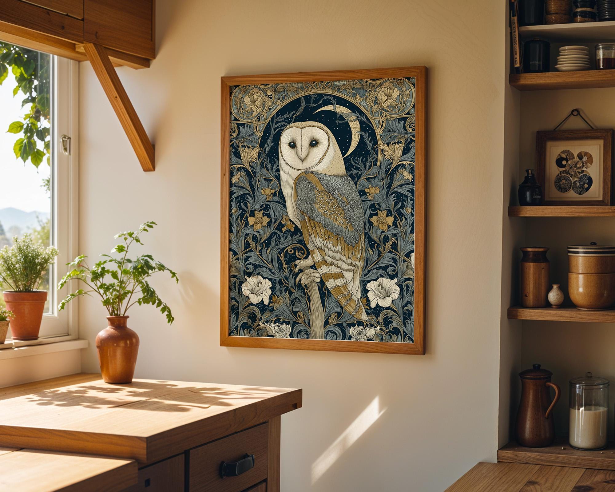 Art Nouveau Barn Owl Dark Academia Celestial Night Sky William Morris Inspired Wall Art by The Wall Art Studio