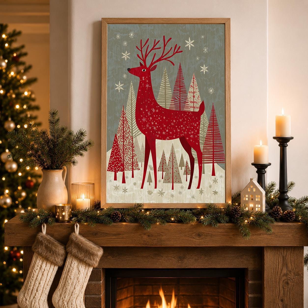 Scandinavian Christmas Nordic Reindeer Family Wall Art by The Wall Art Studio