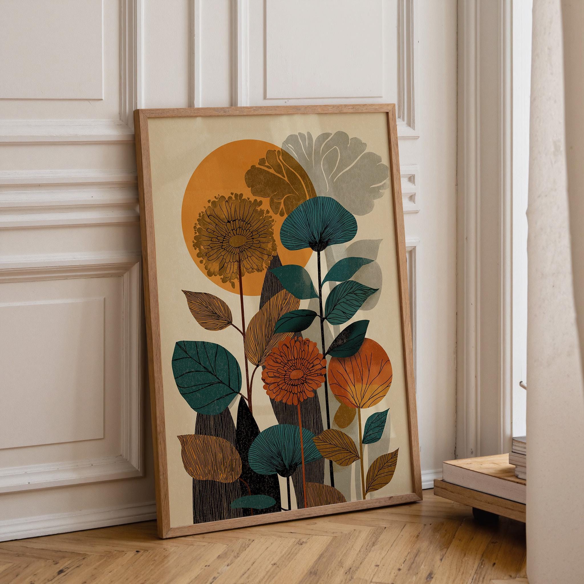 Mid Century Botanical Abstract Floral Retro Sun Scandinavian Wall Art