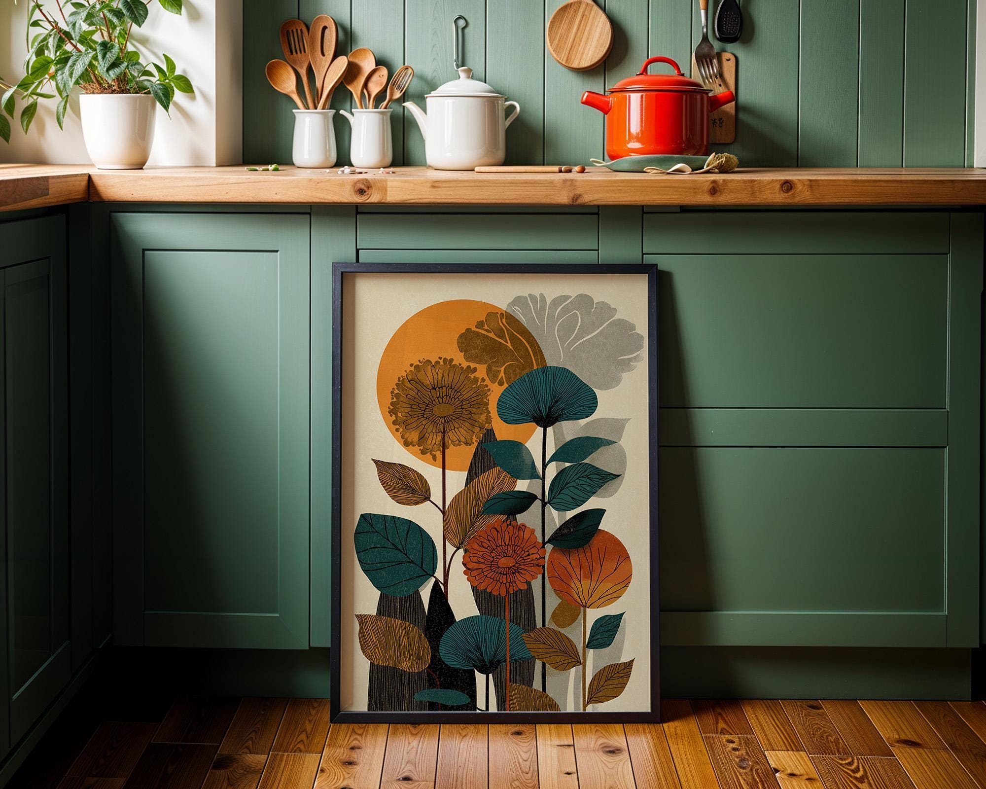 Mid Century Botanical Abstract Floral Retro Sun Scandinavian Wall Art