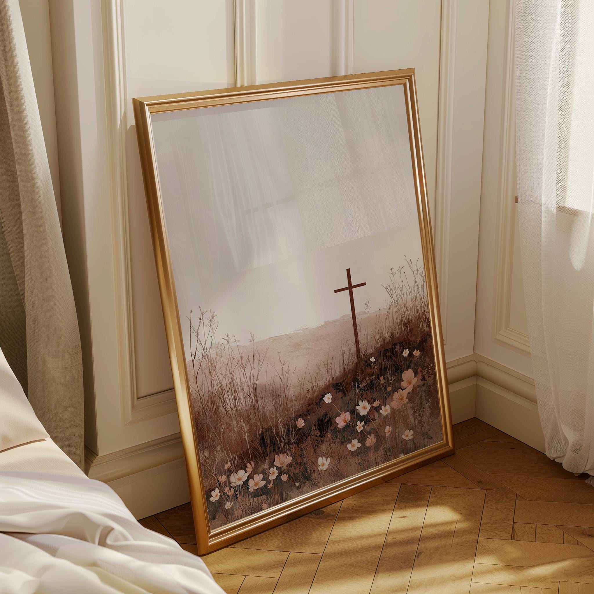 Christian Cross Landscape Neutral Faith Wall Art by The Wall Art Studio