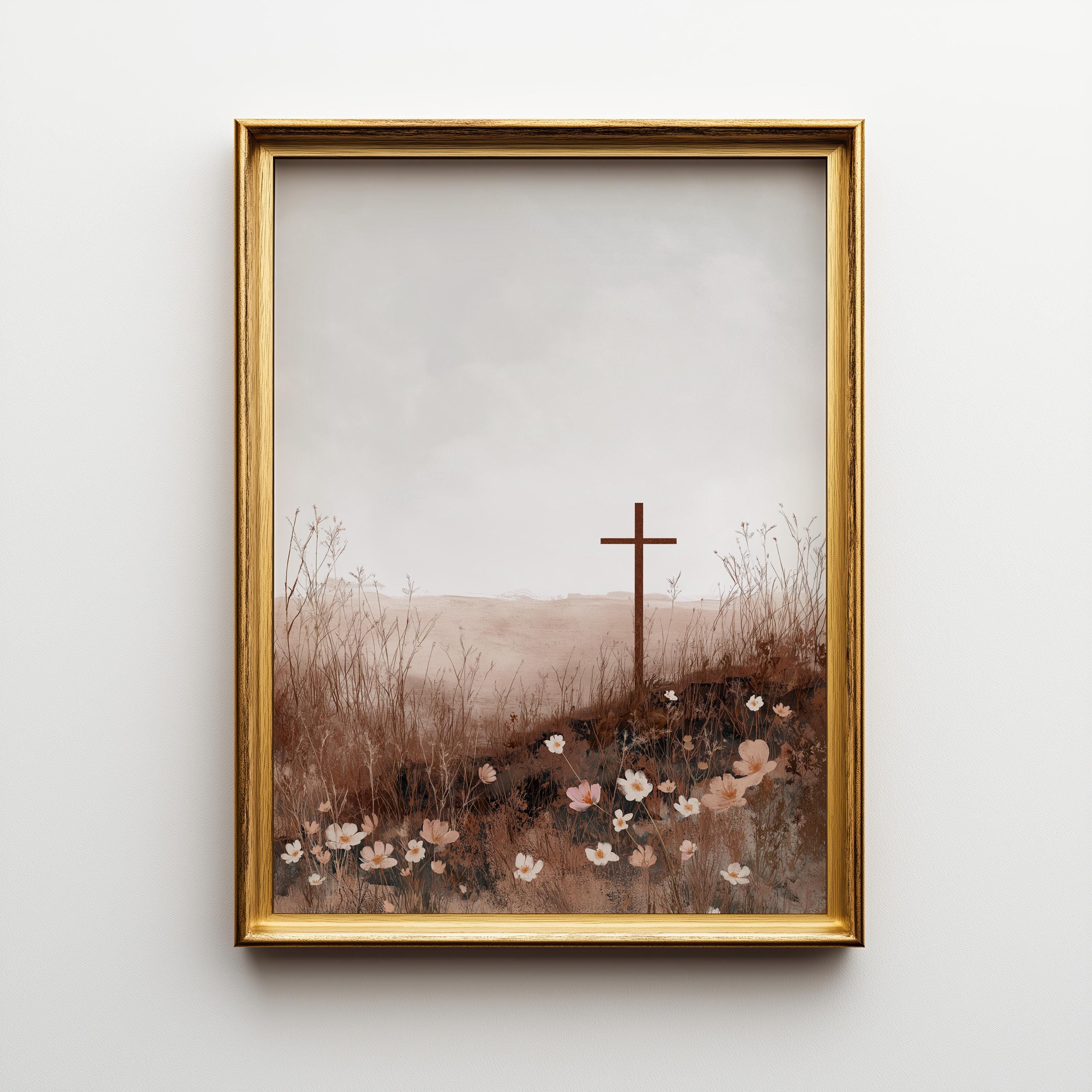 Christian Cross Landscape Neutral Faith Wall Art by The Wall Art Studio
