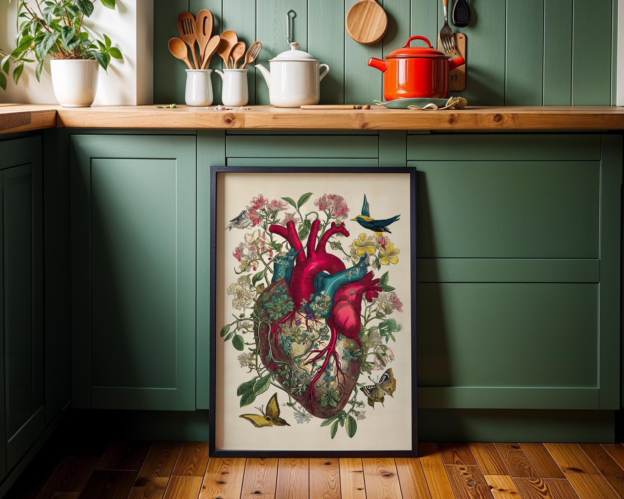 Red Anatomical Heart Vintage Botanical Floral Dark Academia Wall Art