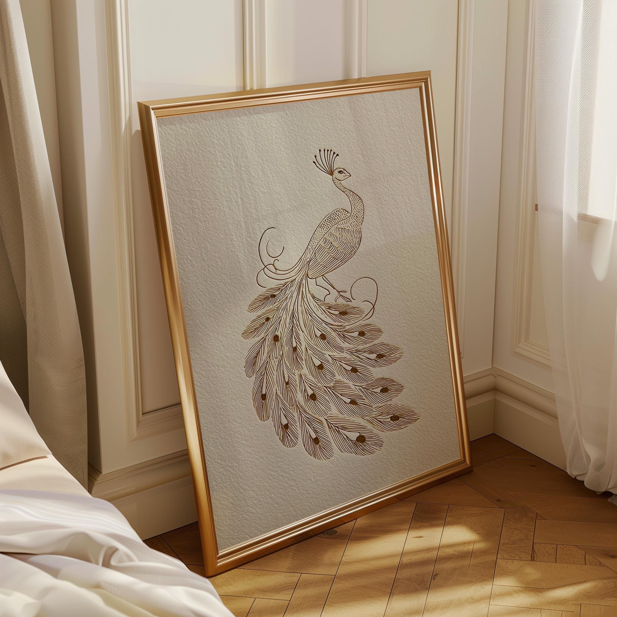Minimalist Peacock Line Art Elegant Gold Bird Wall Art by The Wall Art Studio - physical