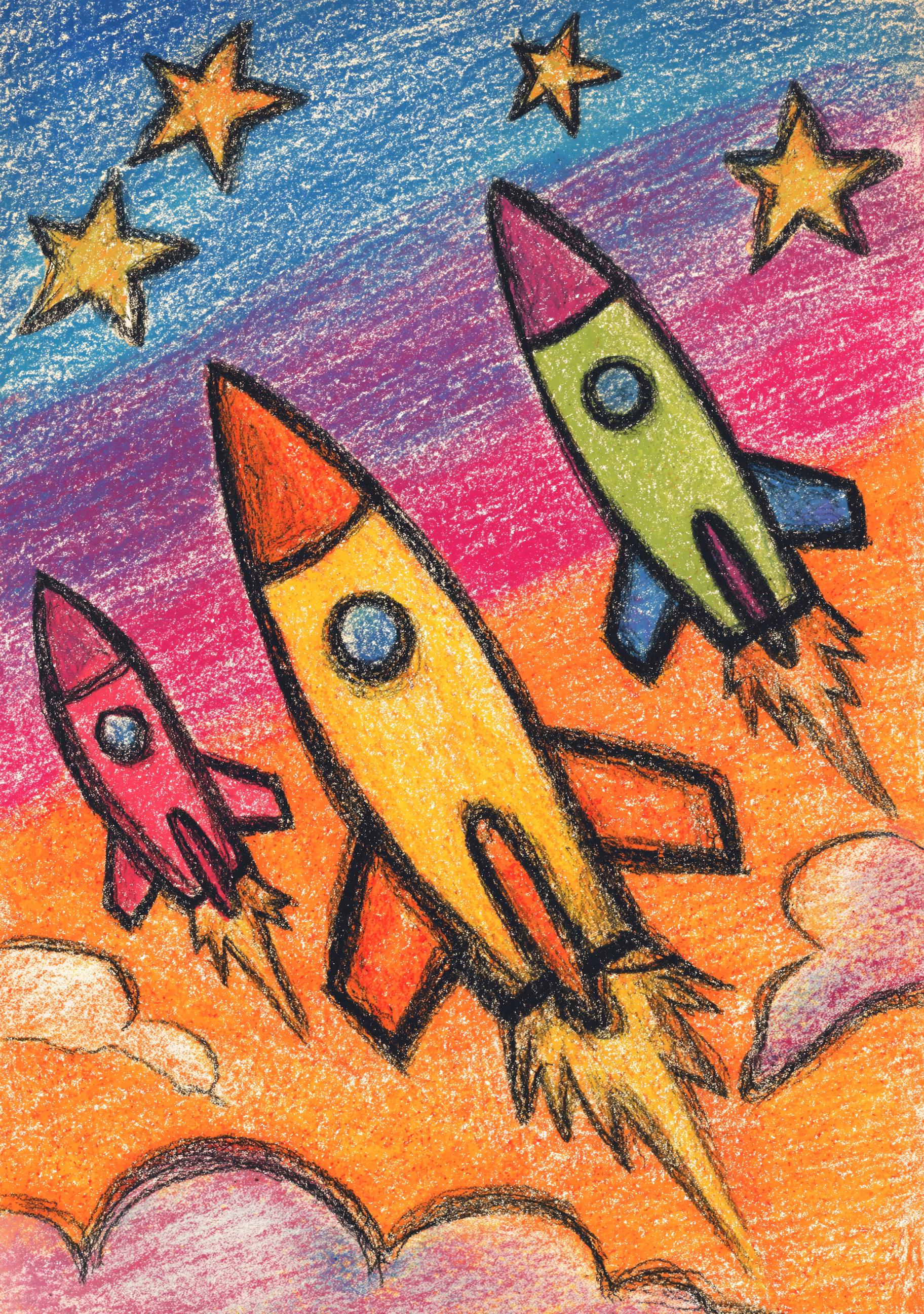 Kids Rocket Space Crayon Colorful Nursery Playroom Wall Art by The Wall Art Studio