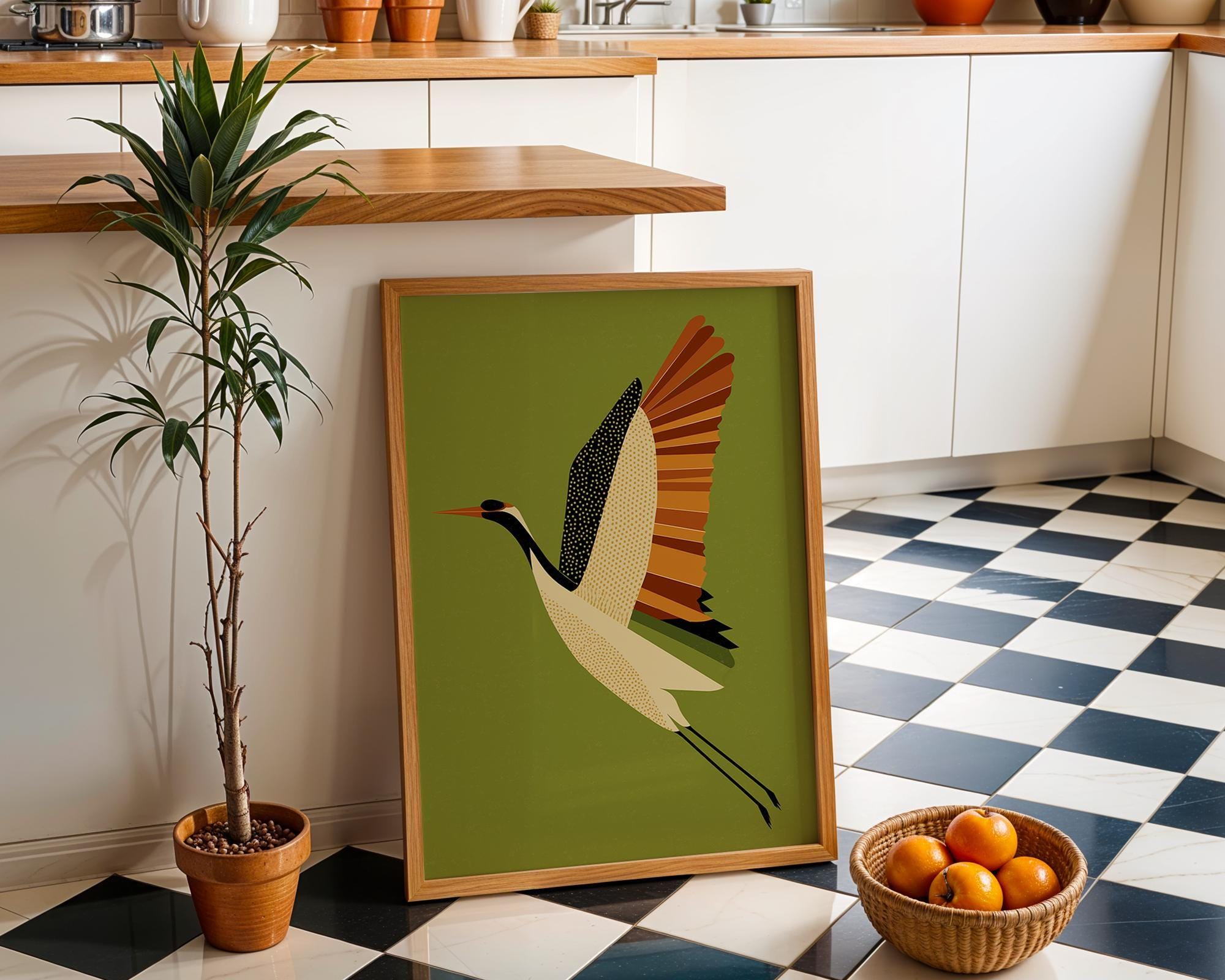 Mid Century Modern Scandinavian Crane Retro 1960s Wildlife Olive Green Wall Art by The Wall Art Studio - physical