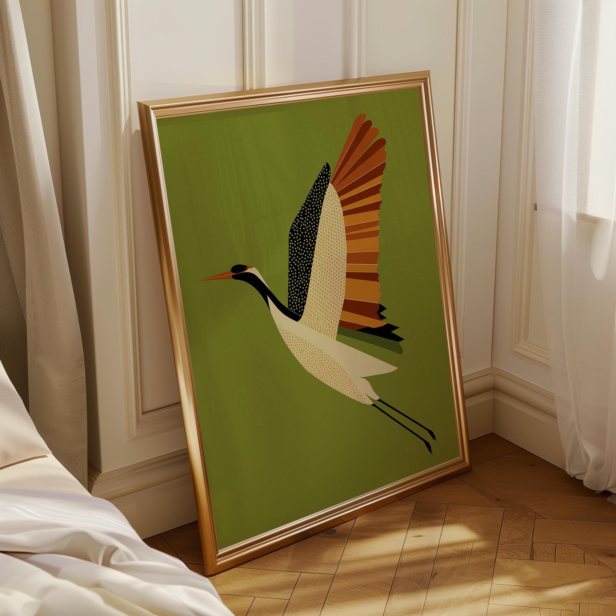 Mid Century Modern Scandinavian Crane Retro 1960s Wildlife Olive Green Wall Art by The Wall Art Studio - physical